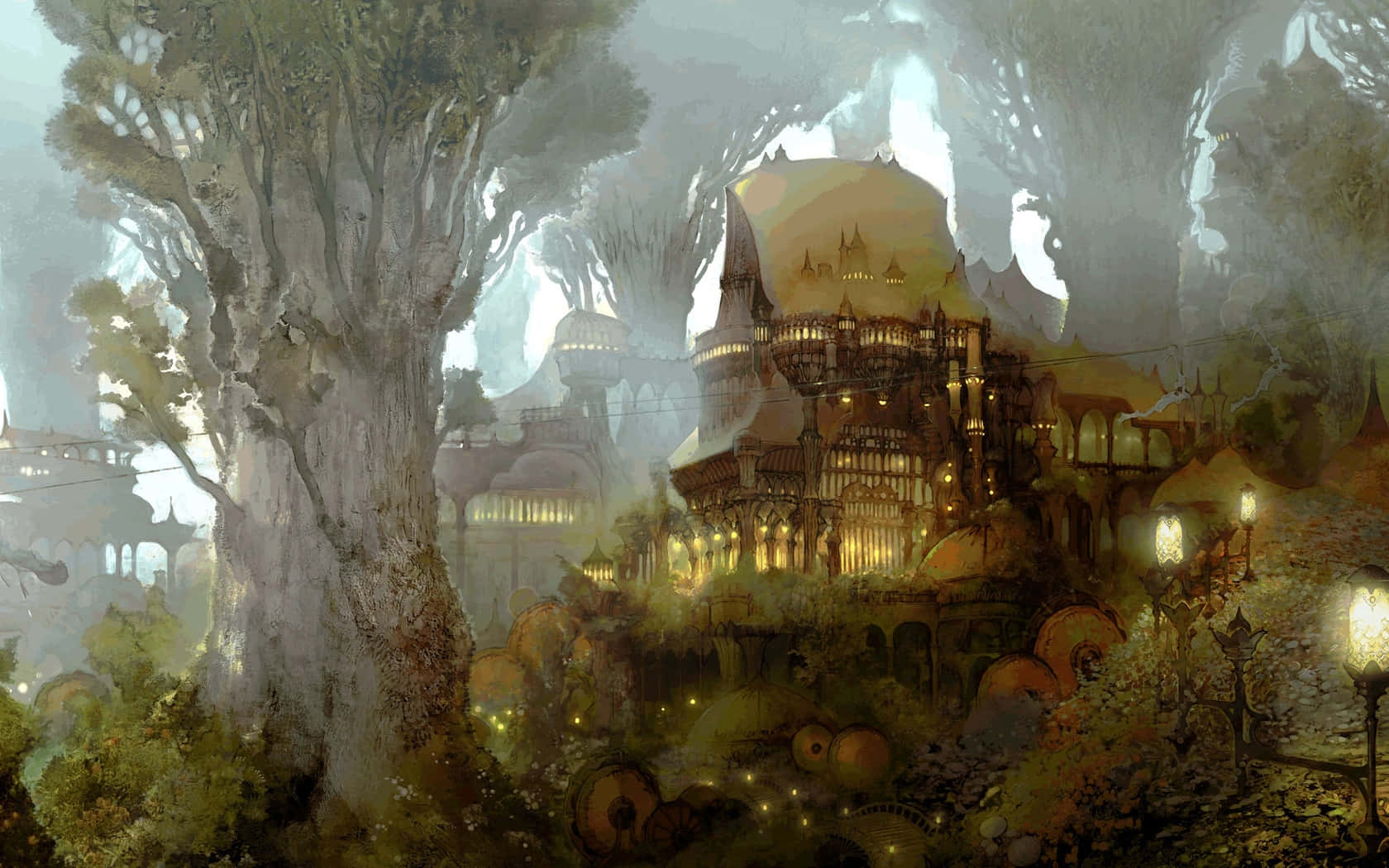Shadowbringers 桌布 壁紙 — 一座發光的幻想城市，坐落在巨大的古樹之中，籠罩在迷霧籠罩的黃昏天空下。