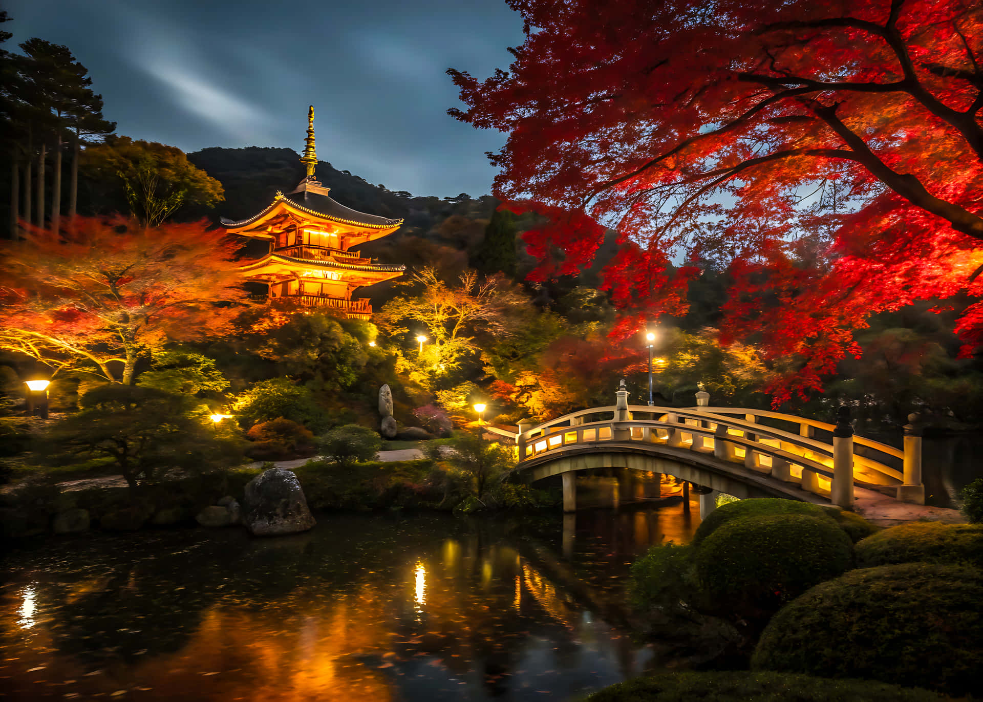 Night view of European architecture reflected in the river under a sky near the old bridge 壁紙 — 一座發光的日本寶塔和拱橋在黃昏時分倒映在池塘中，上方是火紅的楓樹。