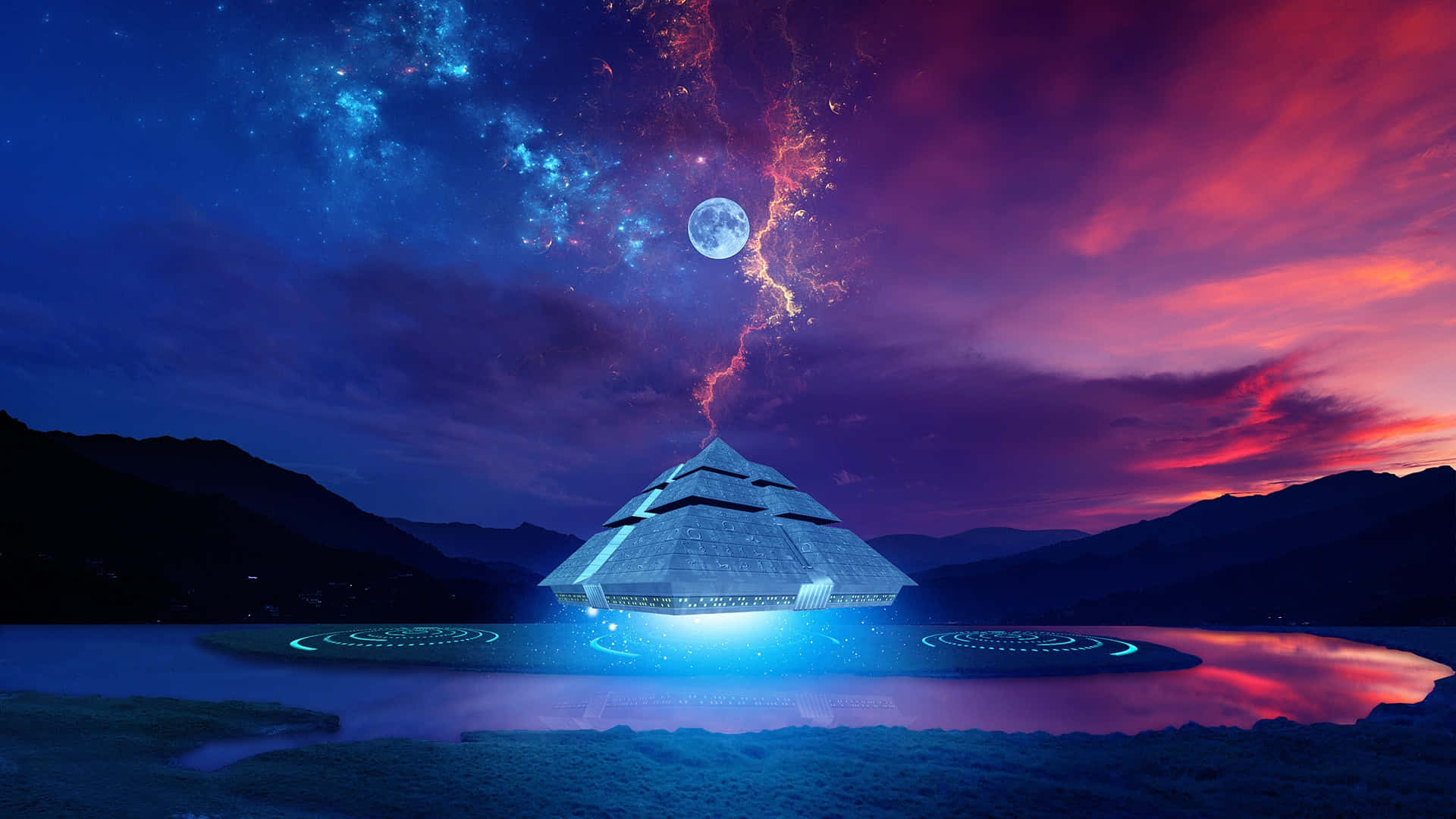 Sci Fi Landscape 桌布 壁紙 — 一座發光的未來主義金字塔漂浮在水面上，下方是宇宙天空，有閃電和滿月。