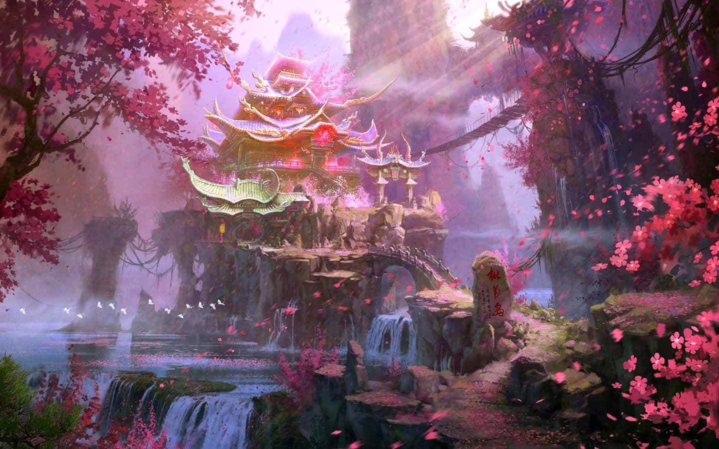 背景 桌布 壁紙 — 一座發光的東方寺廟坐落在雲霧繚繞的懸崖上，周圍環繞著層疊的瀑布和飄落的粉紅色櫻花。