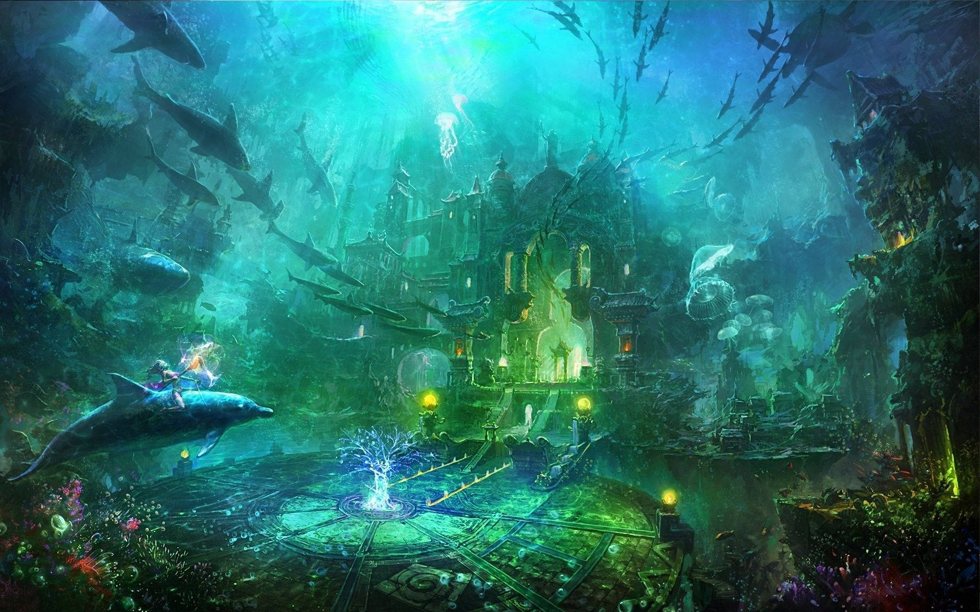 Aquatic 桌布 壁紙 — 一座發光的水下城市，有古代遺跡、游動的鯊魚和一個騎在海豚上的騎手，在碧綠色的波浪下。