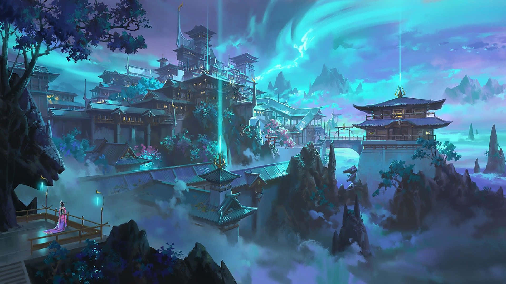 奇幻藝術 桌布 壁紙 — 一座發光的浮空城市，傳統寶塔坐落在霧氣繚繞的山巒之間，上方是旋轉的極光天空。