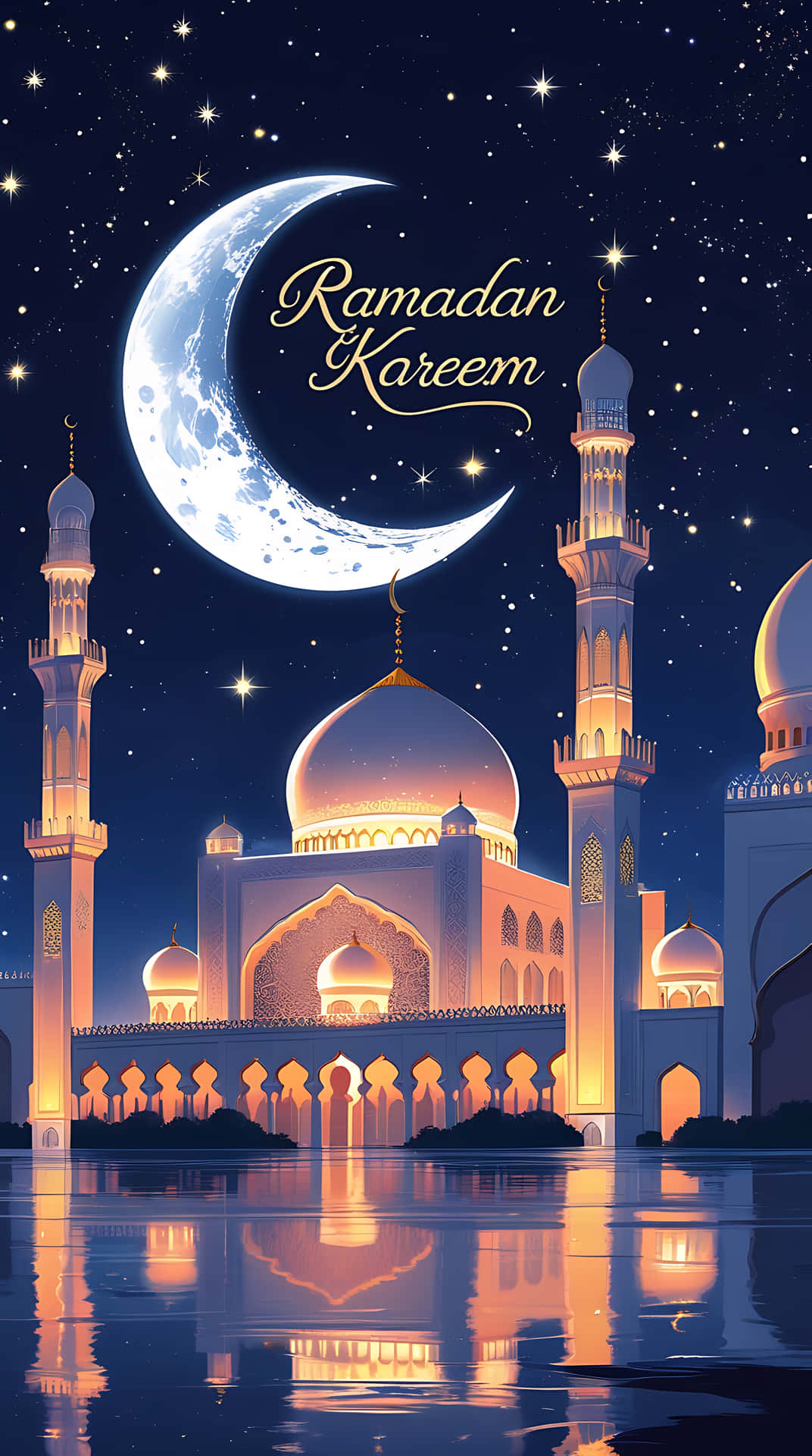 Mystical Ramadan Night with Illuminated Mosque and Crescent Moon. smartphone wallpaper 壁紙 — 一座發光的清真寺，金色圓頂和宣禮塔在平靜的水面上倒映，新月和星星之下，上方寫有「Ramadan Kareem」字樣。