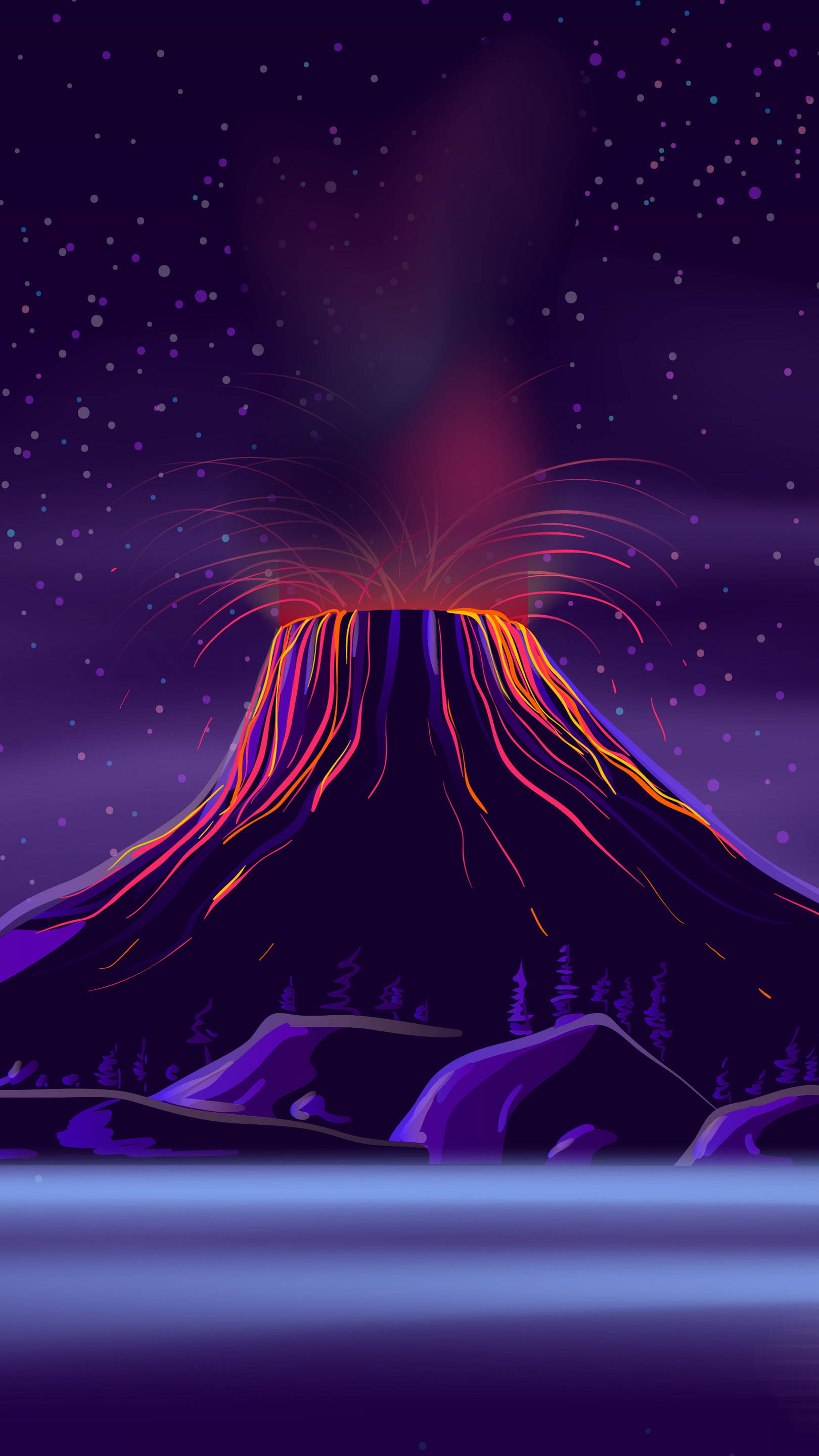 手機 桌布 壁紙 — 一座發光的火山噴發出火熱的橙色和粉紅色熔岩，映襯著繁星點點的紫色夜空。