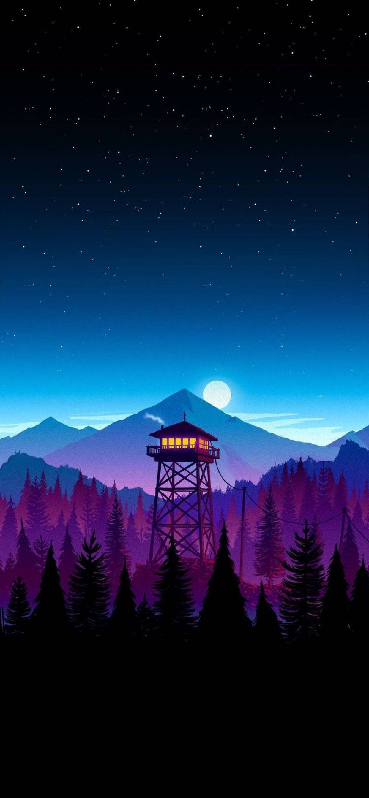 藝術 桌布 壁紙 — 一座發光的火災瞭望塔聳立在松樹林中，背景是滿月、遙遠山脈和繁星點點的夜空。