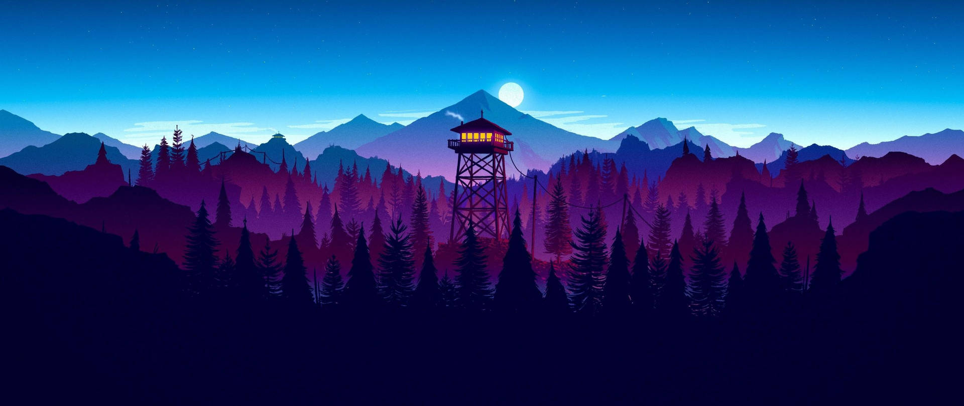 暮色森林中的火警瞭望塔，月亮和山脈 — 2560x1080 動態桌布 壁紙