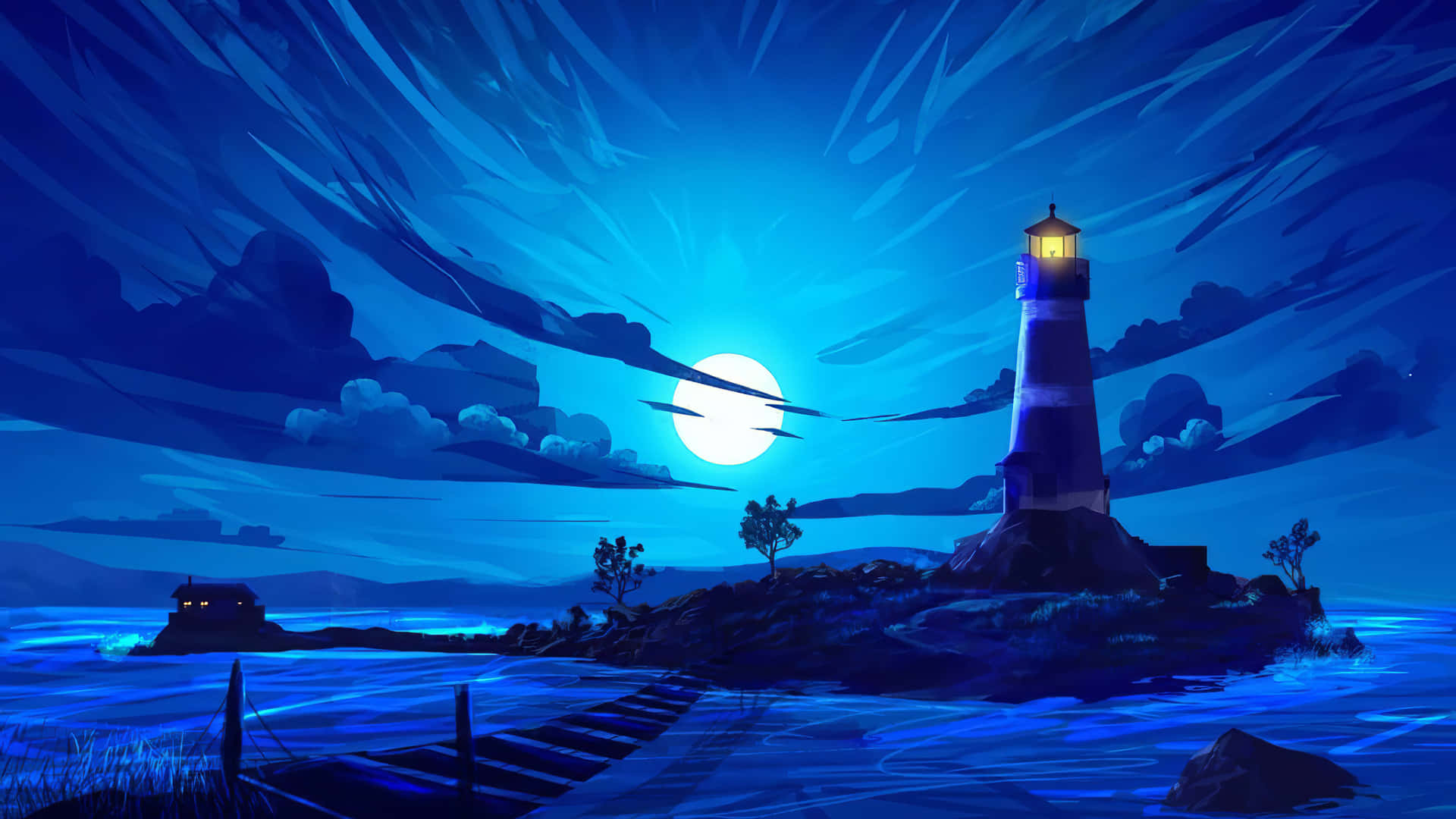 Lighthouse 桌布 壁紙 — 一座發光的燈塔矗立在岩石島上，月光下天空中有旋轉的藍色雲朵和寧靜的水面。