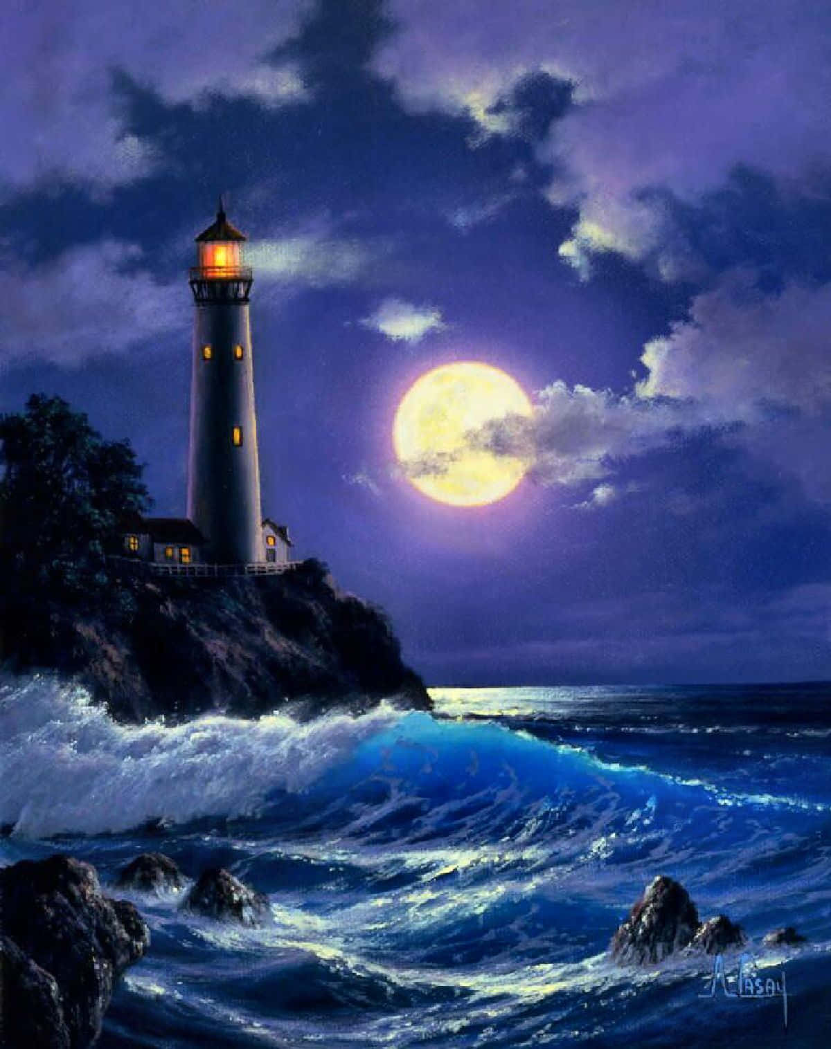 Lighthouse 桌布 壁紙 — 一座發光的燈塔矗立在岩石懸崖上，滿月將光芒投射在洶湧的海浪上。