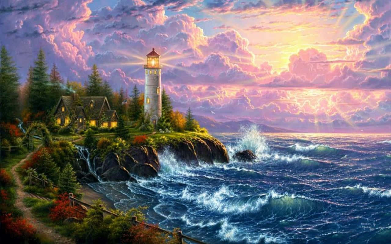 Faith 桌布 壁紙 — 一座發光的燈塔矗立在岩石懸崖上，在日落時分向拍打的波浪和紫色雲朵投射溫暖的光芒。