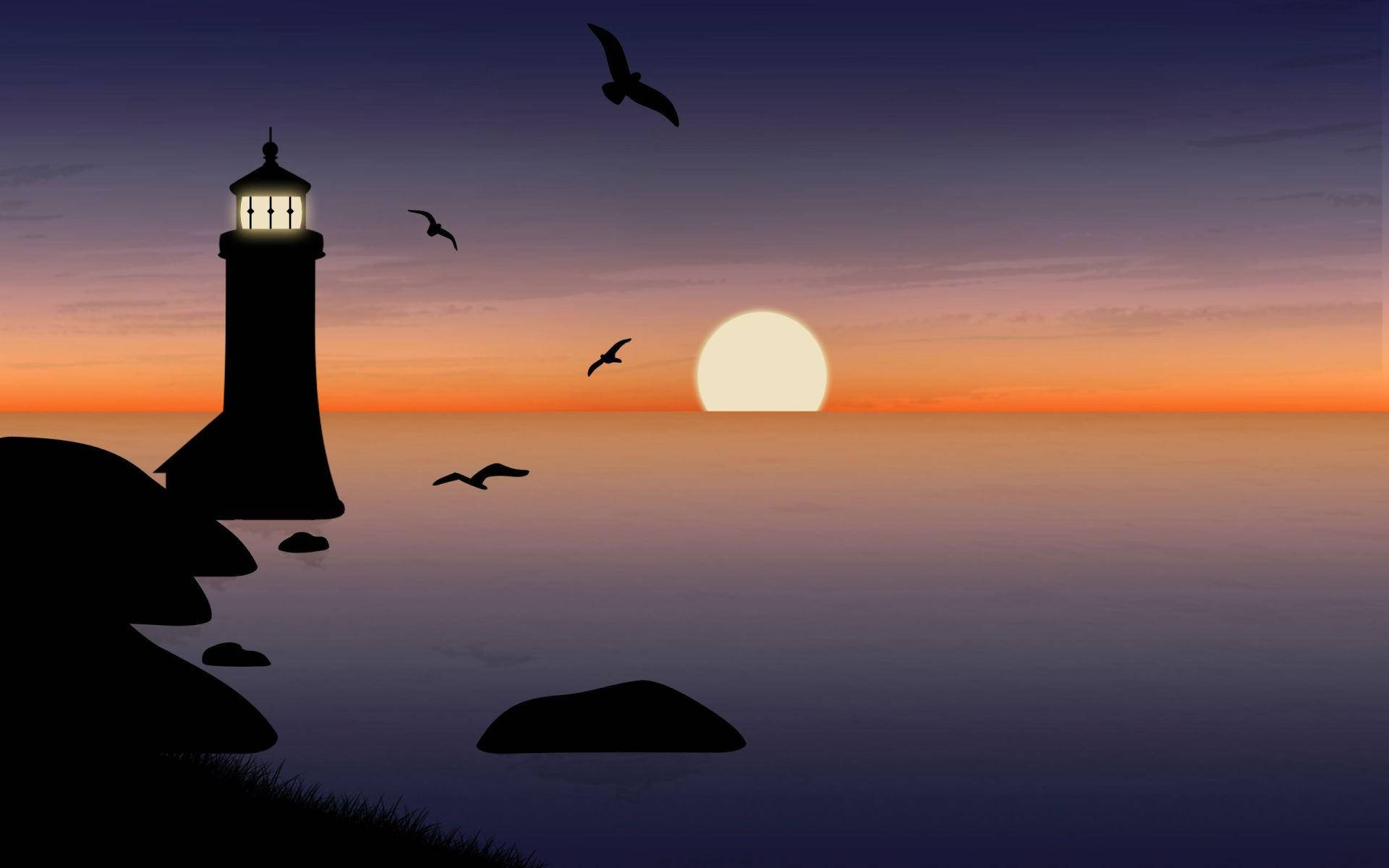 Silhouette 桌布 壁紙 — 一座發光的燈塔矗立在岩石海岸上，海鷗在平靜的海面上翱翔，映襯著 vibrant 的日落。