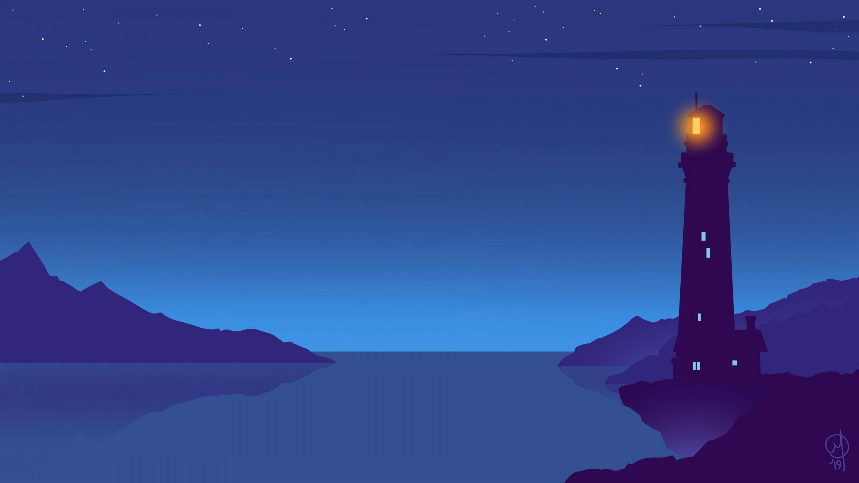 vector 桌布 壁紙 — 一座發光的燈塔矗立在岩石海岸上，在繁星點點的夜空下，將光芒投射在平靜的水面和遠處的山巒上。