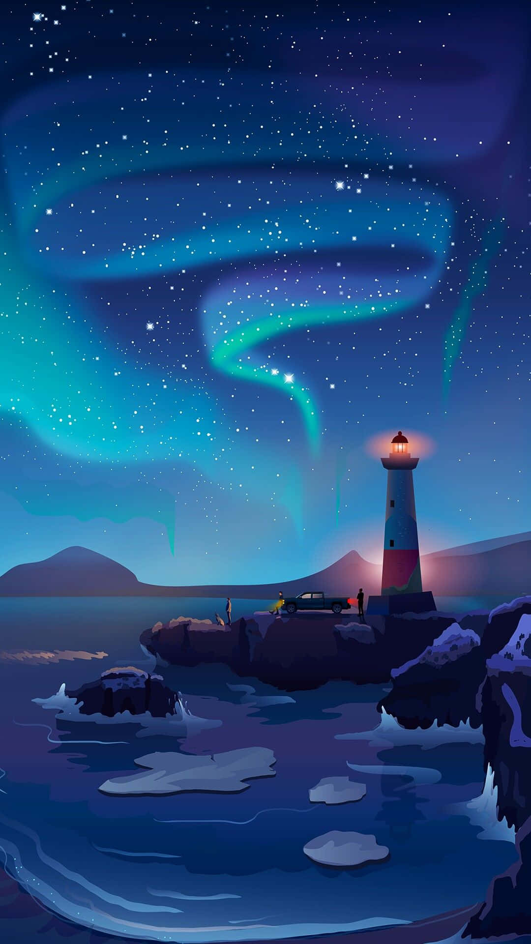 Lighthouse 桌布 壁紙 — 一座發光的燈塔矗立在雪崖上，燦爛的北極光在繁星點點的夜空中舞動。