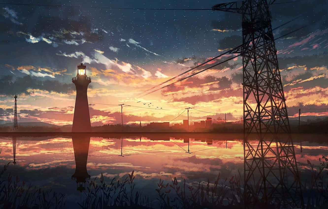 Silhouette 桌布 壁紙 — 一座發光的燈塔矗立在黃昏平靜的水面上，其倒影映照在星空下，電線橫跨地平線。
