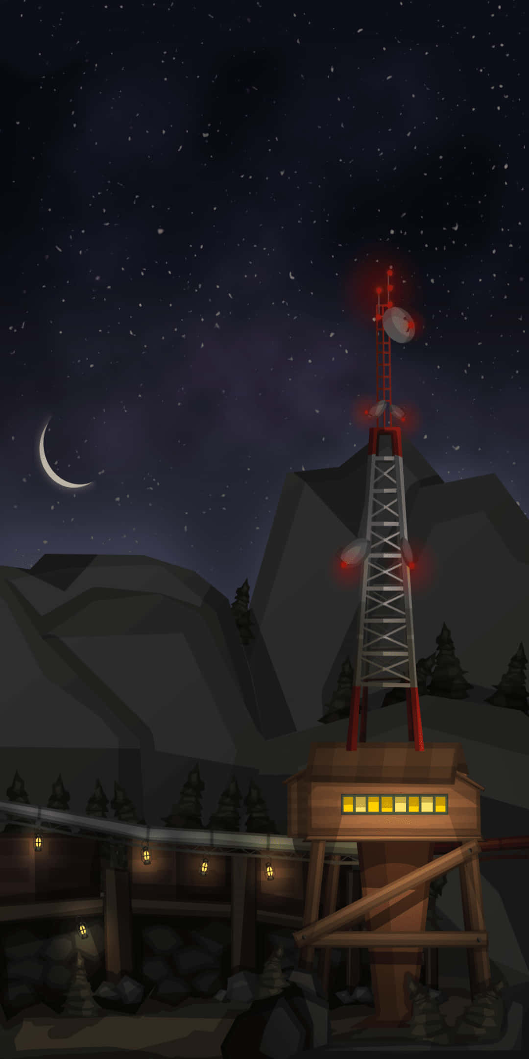 Tf2 桌布 壁紙 — 一座發光的紅色無線電塔矗立在山頂上，下方是繁星點點的夜空和一彎新月。