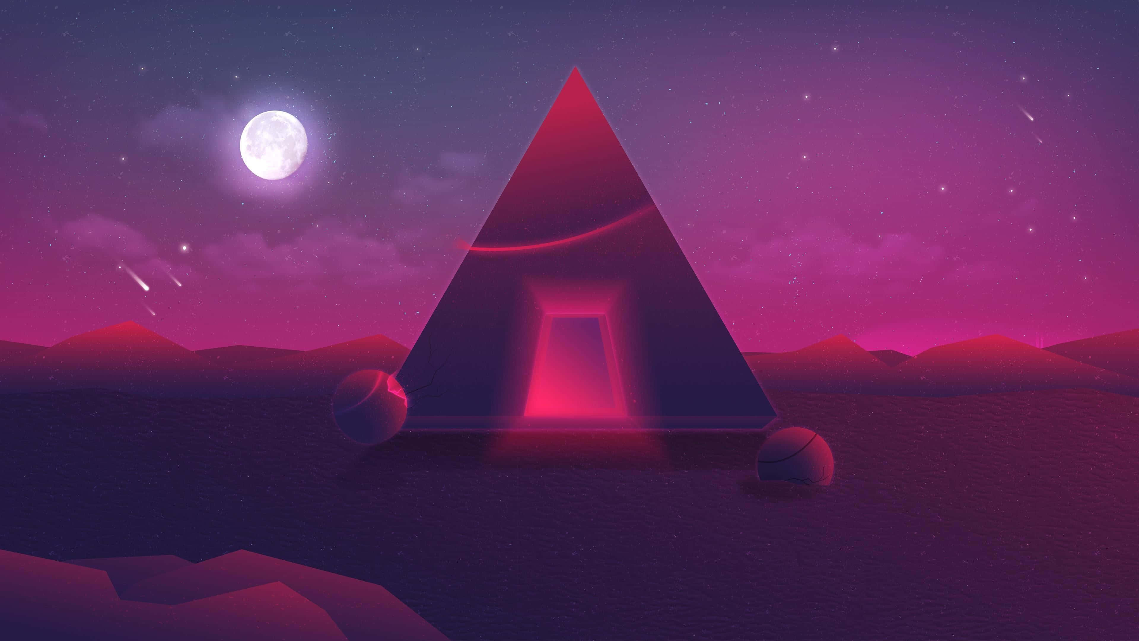 Sci Fi Landscape 桌布 壁紙 — 一座發光的紅色金字塔，帶有明亮的門口，矗立在超現實的沙漠中，天空是月光照耀的紫色，伴有流星。
