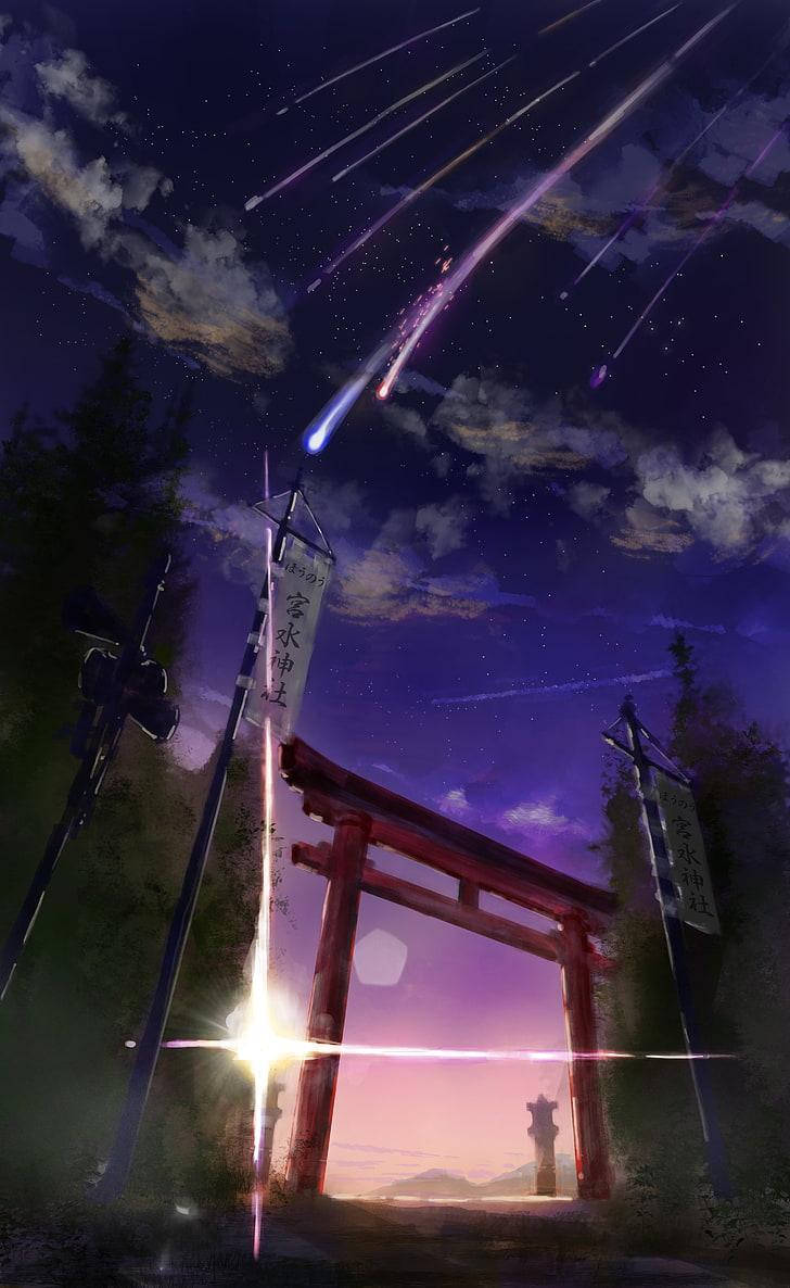 動漫風格 桌布 壁紙 — 一座發光的紅色鳥居矗立在星空下，天空中有鮮豔的紫色流星和柔和粉紅色的地平線光芒。