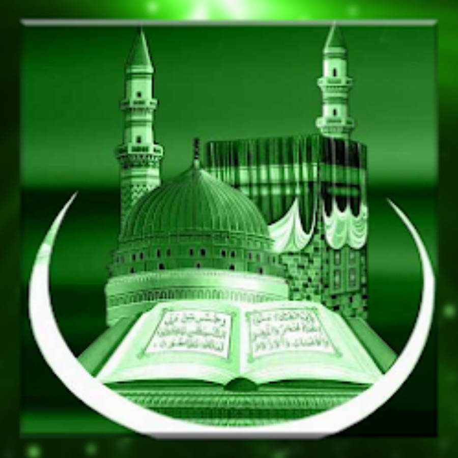 Madina 桌布 壁紙 — 一座發光的綠色清真寺，帶有宣禮塔和圓頂，安放在一本打開的《古蘭經》上，周圍環繞著新月。