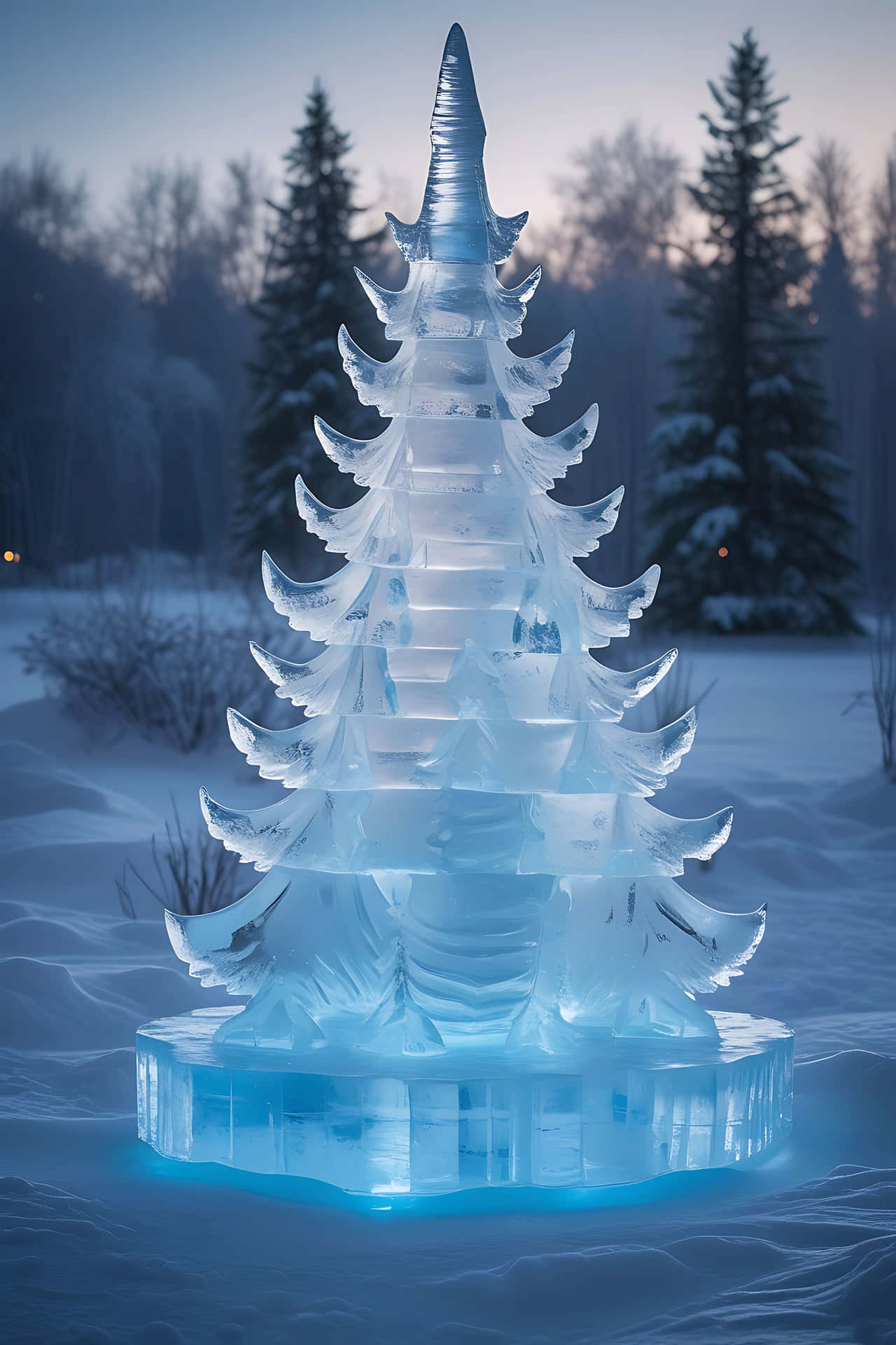 Ice sculpture christmas tree in winter landscape 壁紙 — 一座發光的藍色冰雕，形狀像聖誕樹，矗立在黃昏時分的雪地森林中。