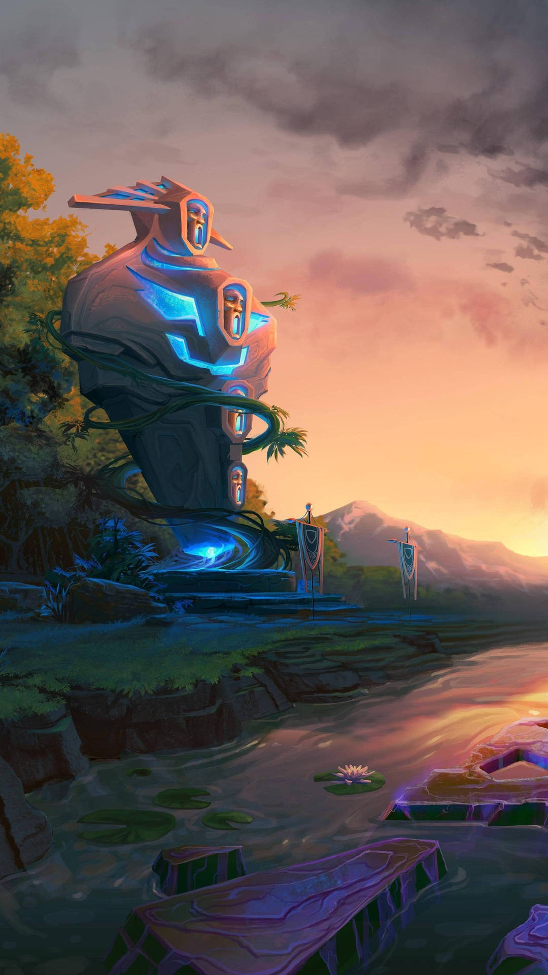 dota 2 iPhone 桌布 壁紙 — 一座發光的藍色未來主義寺廟從寧靜的池塘中升起，夕陽西下，遠處山巒連綿。