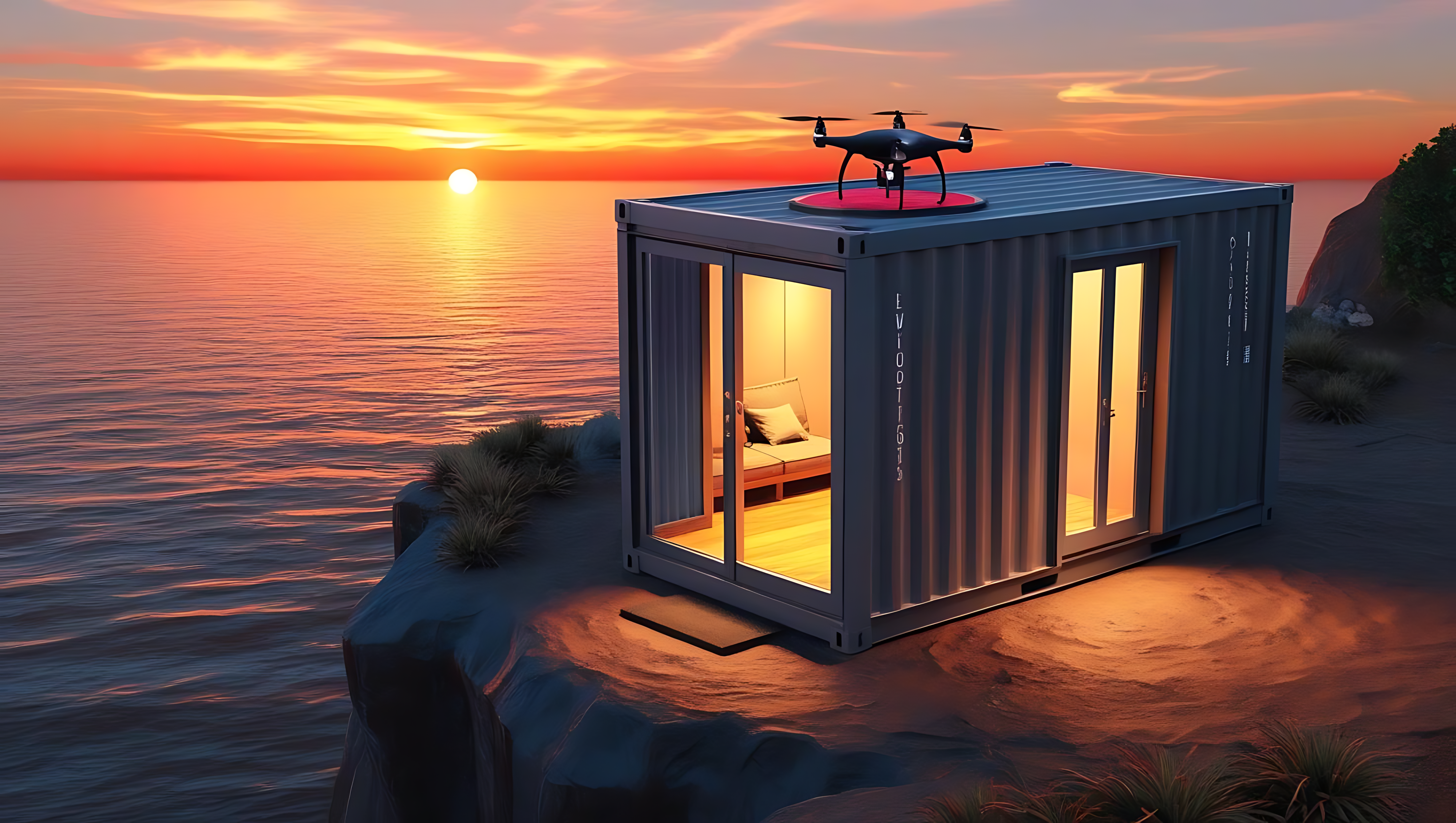 Luxury House 桌布 壁紙 — 一座發光的貨櫃屋坐落在懸崖上，夕陽西下，一架無人機在屋頂上空盤旋。
