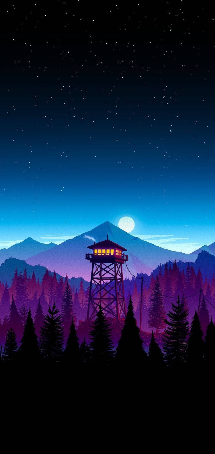 Best Smartphone 桌布 壁紙 — 一座發光的防火瞭望塔矗立在山脈上，滿月星空下。
