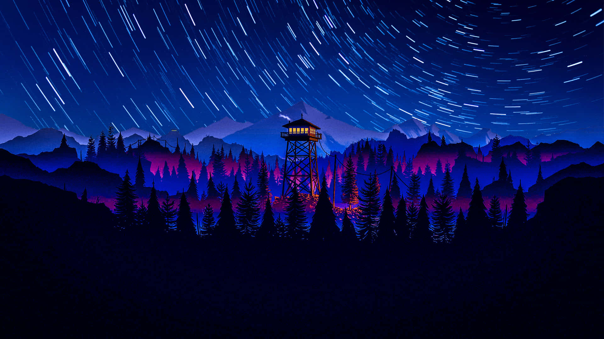 夜晚星軌下的森林防火瞭望塔 — 火線觀測者 GIF 壁紙