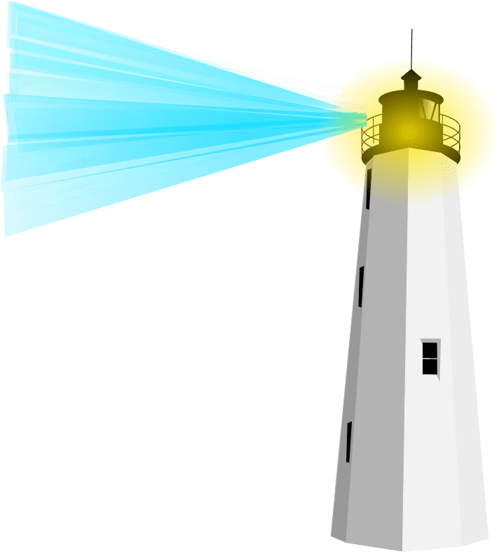 Lighthouse 桌布 壁紙 — 一座白色燈塔在黑色背景上發出明亮的藍光，背後有一個發光的黃色太陽。