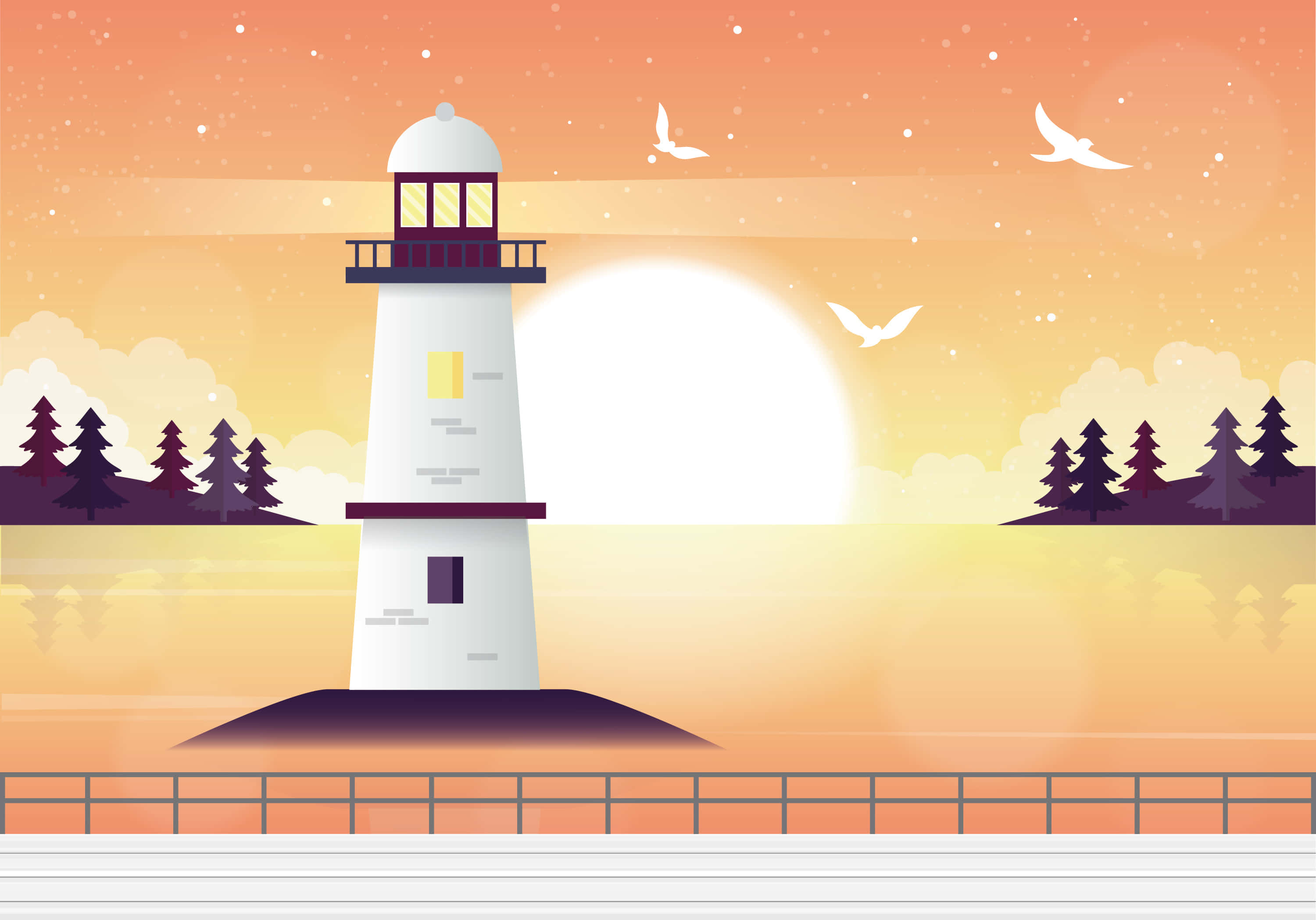 Lighthouse 桌布 壁紙 — 一座白色燈塔矗立在山丘上，夕陽下有飛鳥和松樹作為背景。