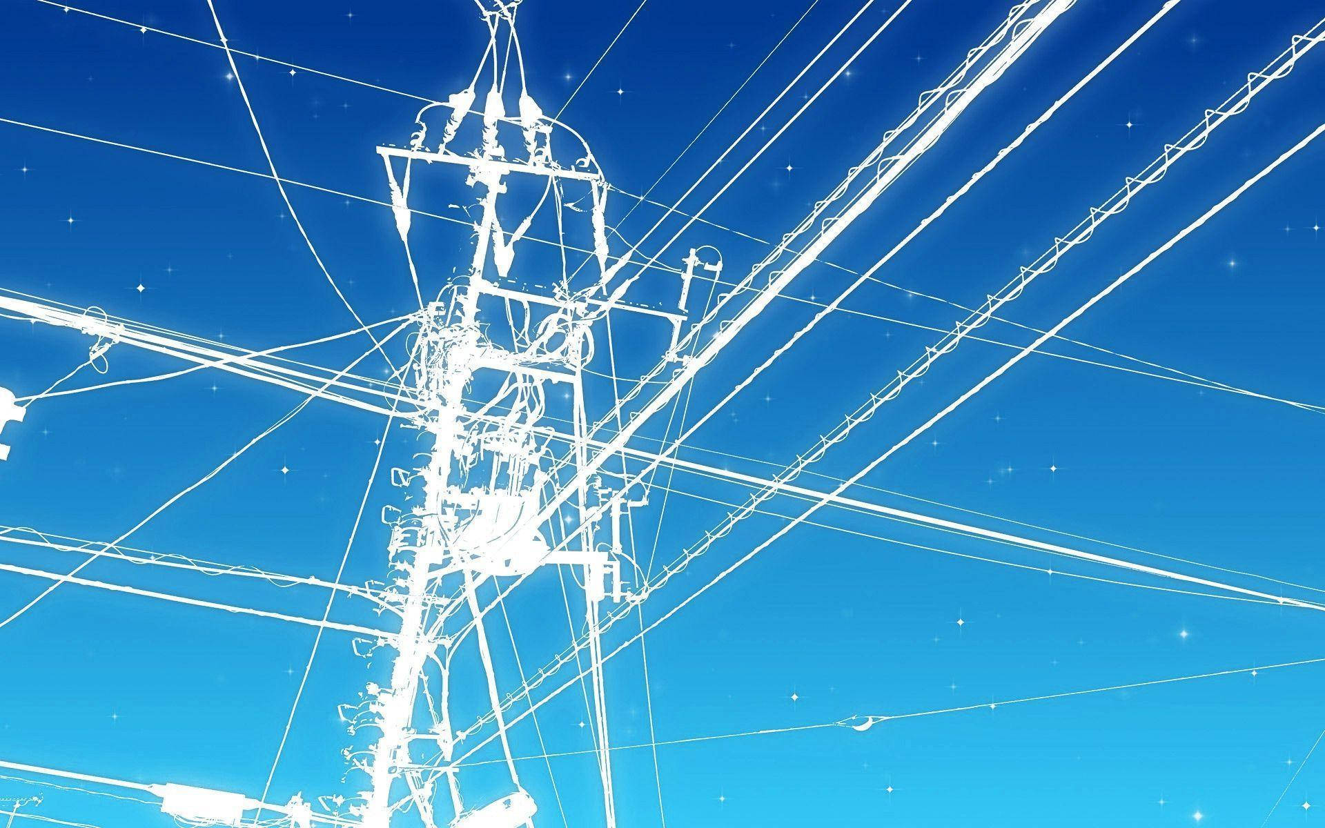 電力 桌布 壁紙 — 一座白色的輸電塔和電纜在點綴著閃爍星星的鮮豔藍天下顯得格外醒目。