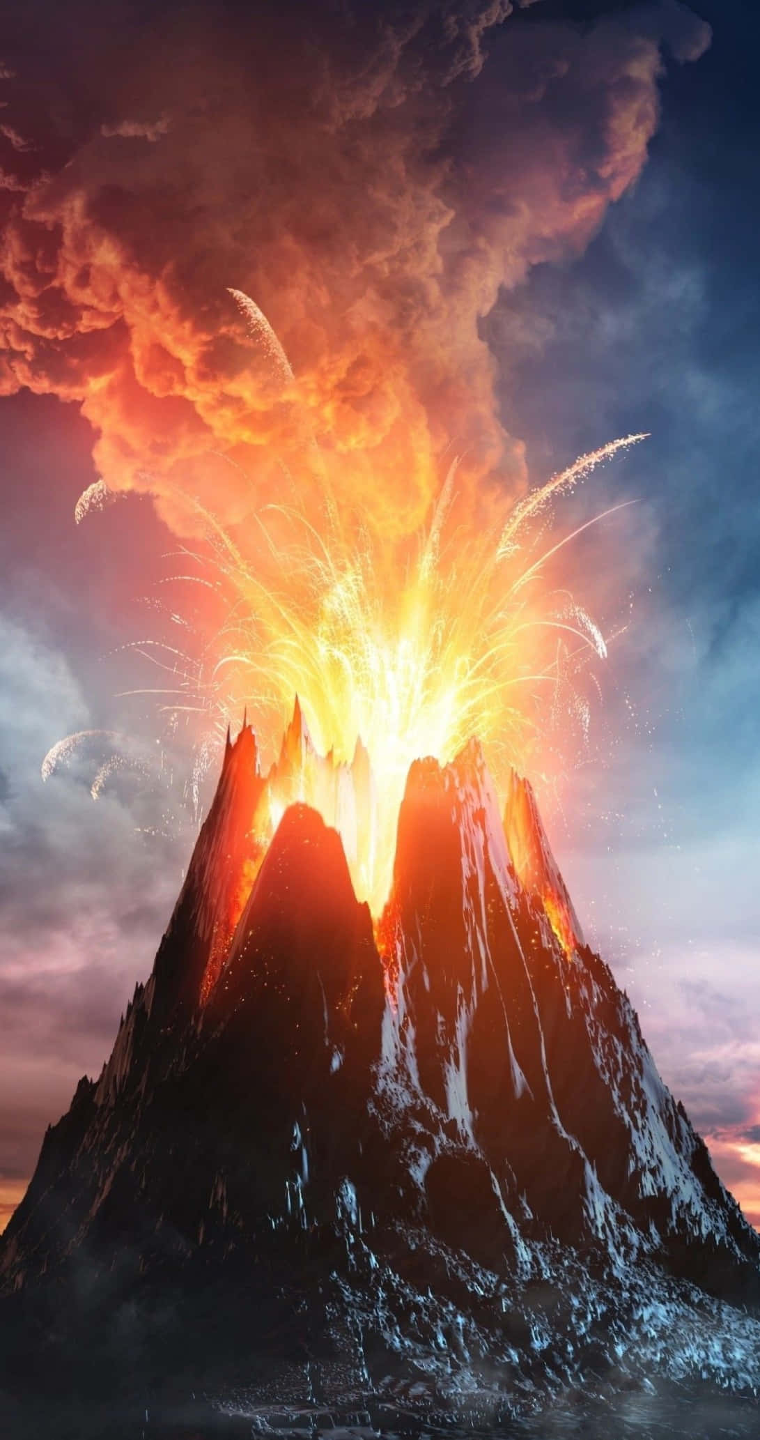 Natural Disaster 桌布 壁紙 — 一座白雪覆蓋的火山猛烈噴發，熾熱的熔岩和火山灰在暮色天空的映襯下噴湧而出。