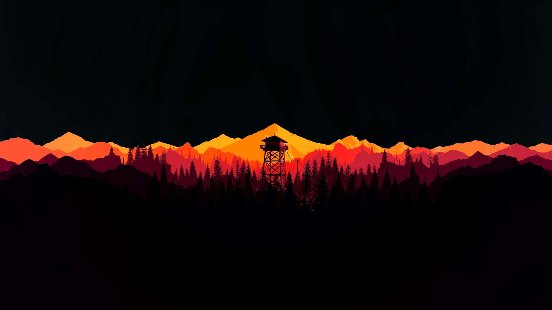 1080p Amoled 桌布 壁紙 — 一座瞭望塔在黃昏時分聳立在火紅的橙色山脈前，形成剪影，下方是黑暗的松樹林。