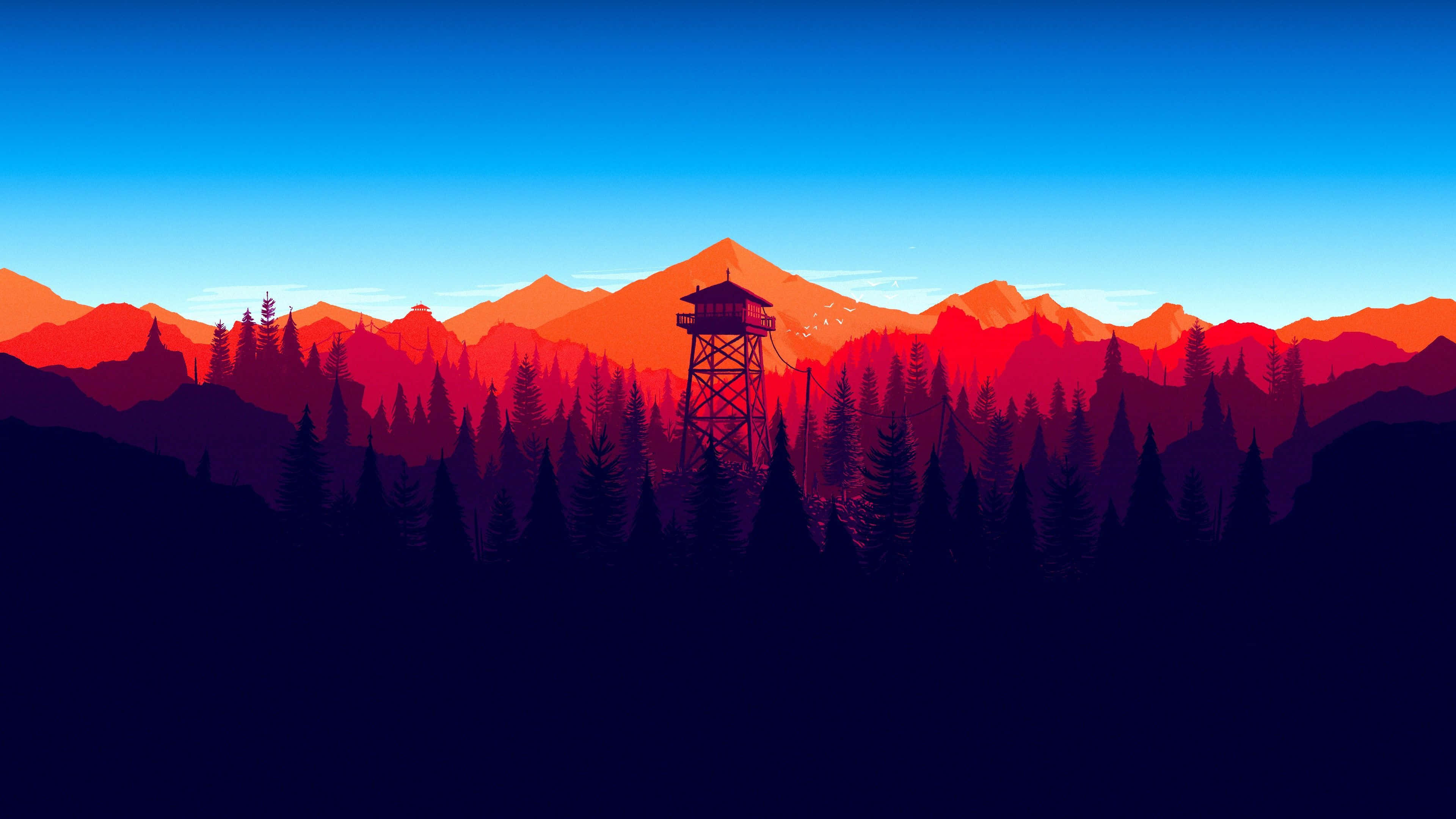 風景 桌布 壁紙 — 一座瞭望塔矗立在森林中，夕陽西下，火橙色的山巒在深藍色的天空映襯下呈現剪影。