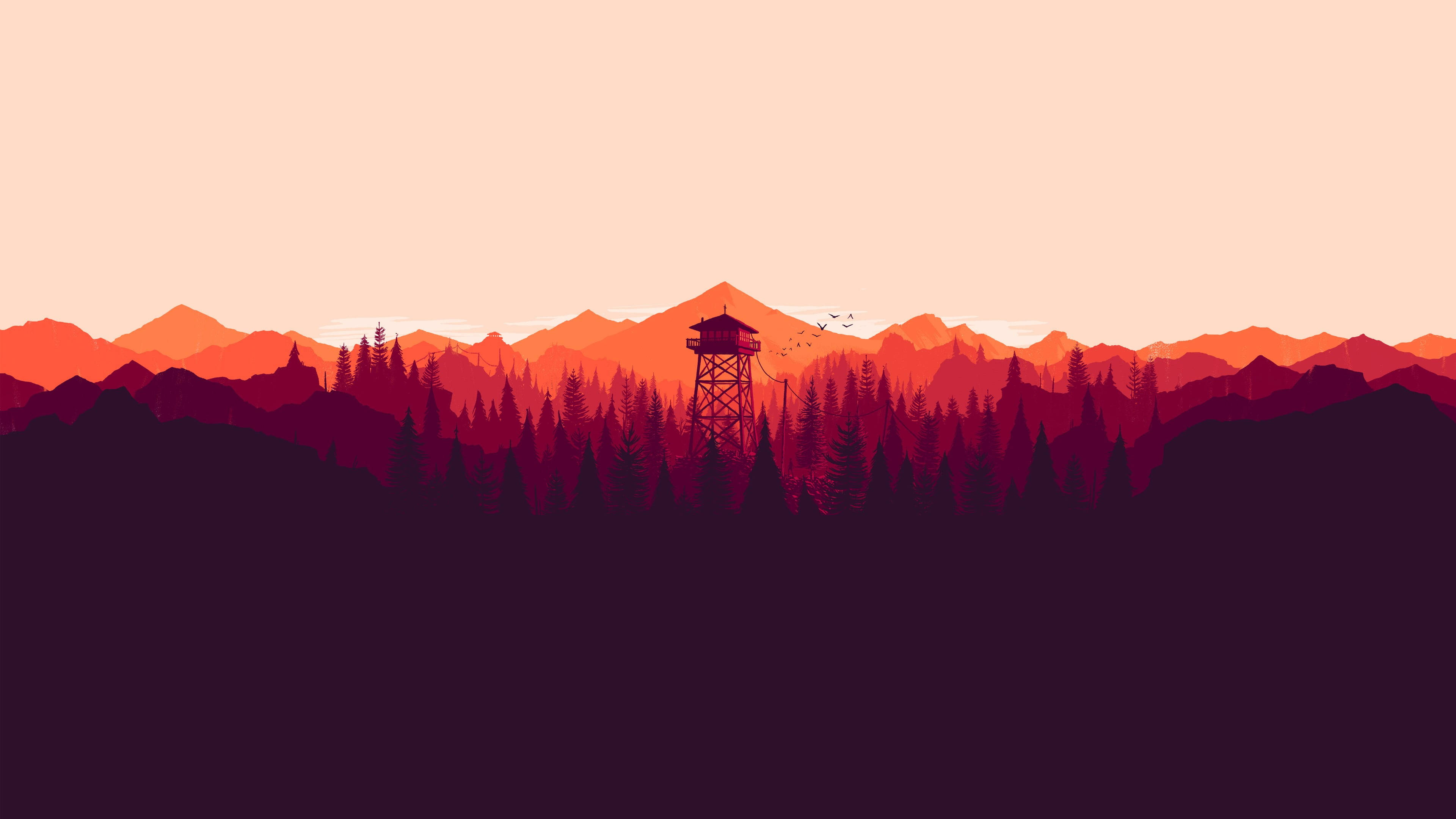紅色山脈 桌布 壁紙 — 一座瞭望塔矗立在森林中，夕陽西下時，層層疊疊的山巒散發著溫暖的橙色和紫色光芒。