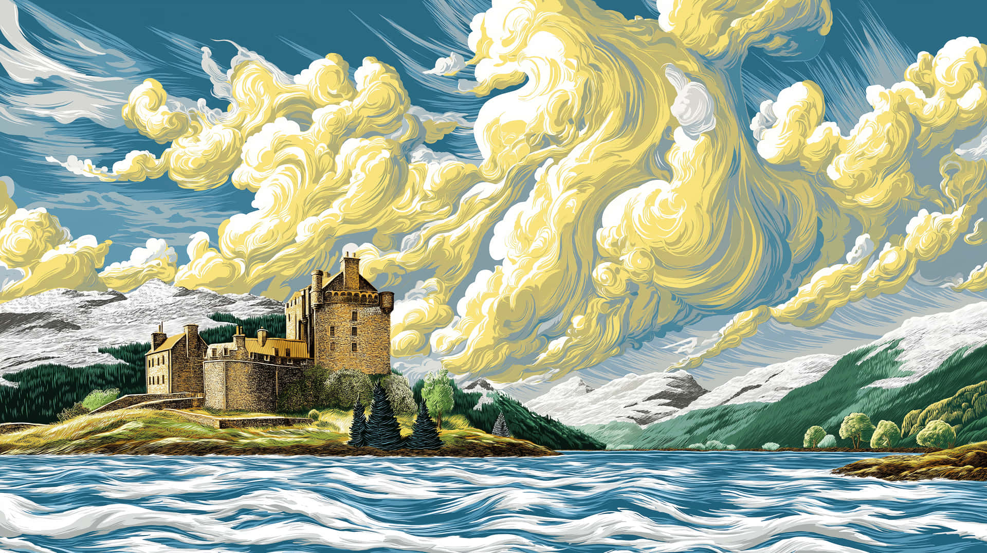 Dramatic Highland Castle on Loch with Swirling Clouds 壁紙 — 一座石城堡坐落在藍色湖泊中的草島上，背景是旋轉的黃色和藍色雲彩以及白雪皚皚的山脈。
