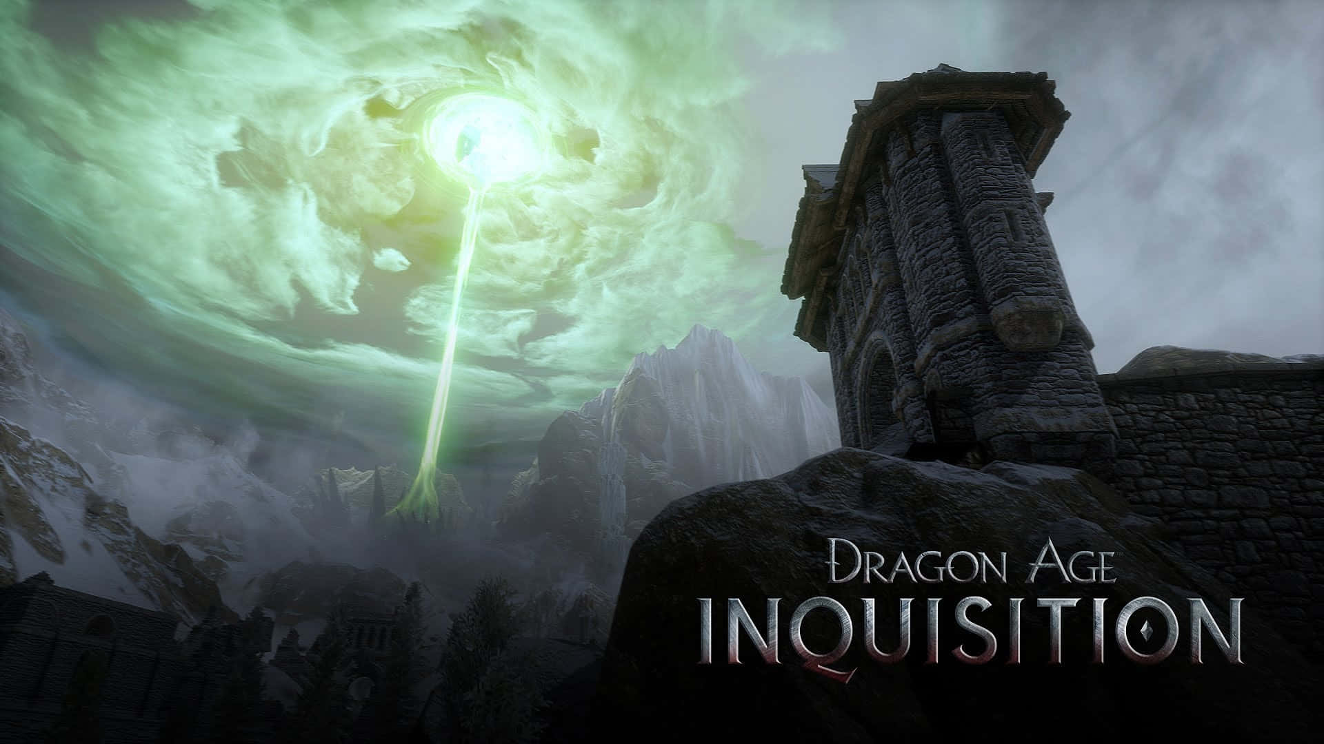 Best Dragon Age Inquisition 桌布 壁紙 — 一座石塔矗立在山脈前，一個發光的綠色漩渦懸浮在上方，向場景投下詭異的光芒。