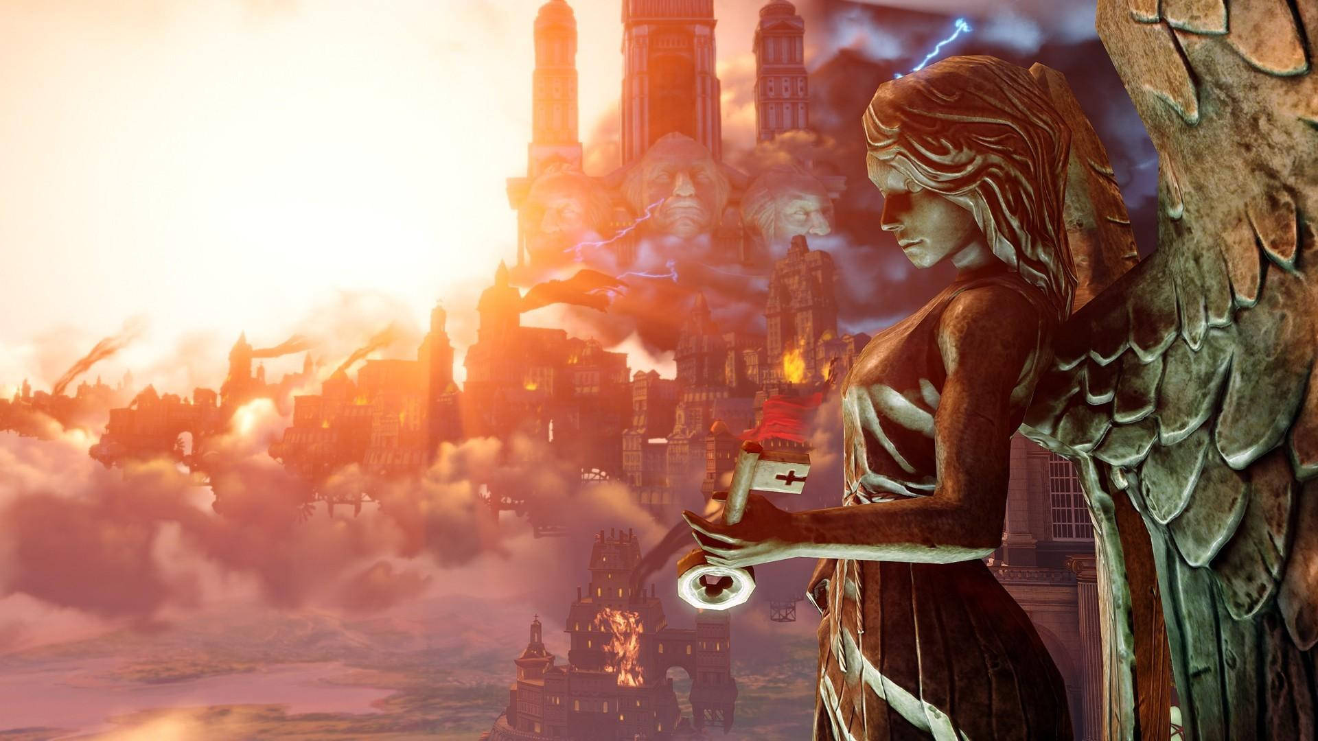 Bioshock Infinite Desktop 桌布 壁紙 — 一座石天使雕像在燃燒的浮空城市上方，手持發光鑰匙，背景是火紅的天空。