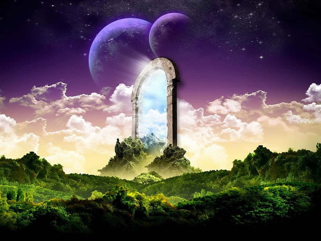 Beautiful Heaven 桌布 壁紙 — 一座石拱門矗立在茂密的綠色田野中，紫色天空下，兩顆發光的月亮和星星揭示出遠處明亮的山區領域。