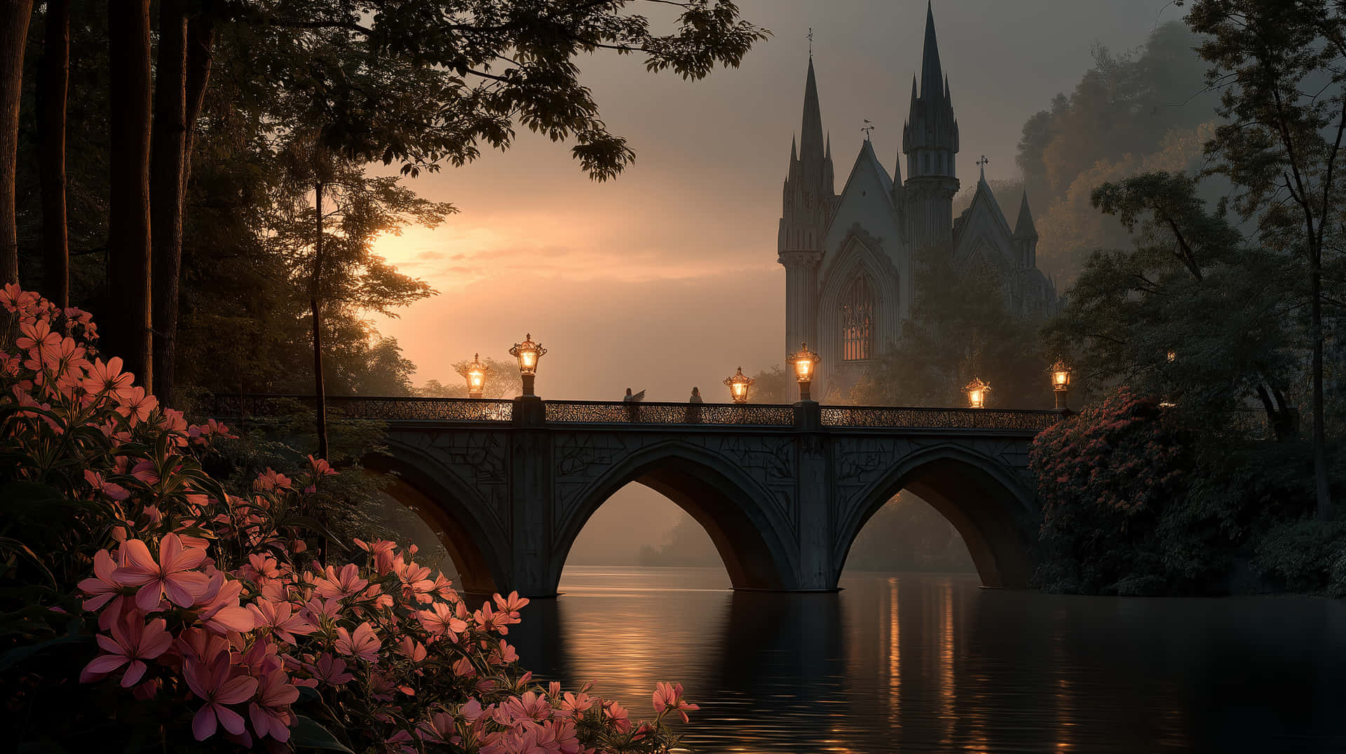 Fairytale Bridge Leading to a Distant Castle at Sunset 壁紙 — 一座石橋上掛著發光的燈籠，橫跨黎明時分霧氣瀰漫的河流，兩旁是粉紅色的花朵，遠處是哥德式大教堂。