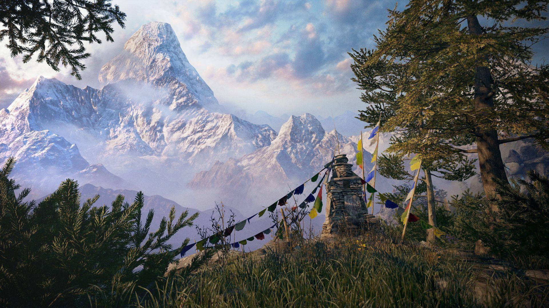 Far Cry 4 桌布 壁紙 — 一座石砌佛塔裝飾著五彩經幡，矗立在青草山坡上，俯瞰著在柔和暮色天空下雄偉的雪山。