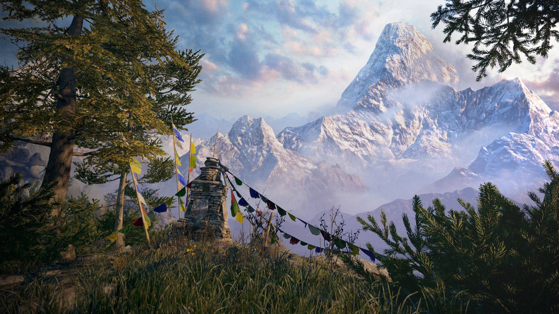 Far Cry 4 桌布 壁紙 — 一座石製佛塔裝飾著彩色經幡，矗立在松樹環繞的草地草原上，背景中白雪覆蓋的山脈在柔和天空下雄偉地升起。