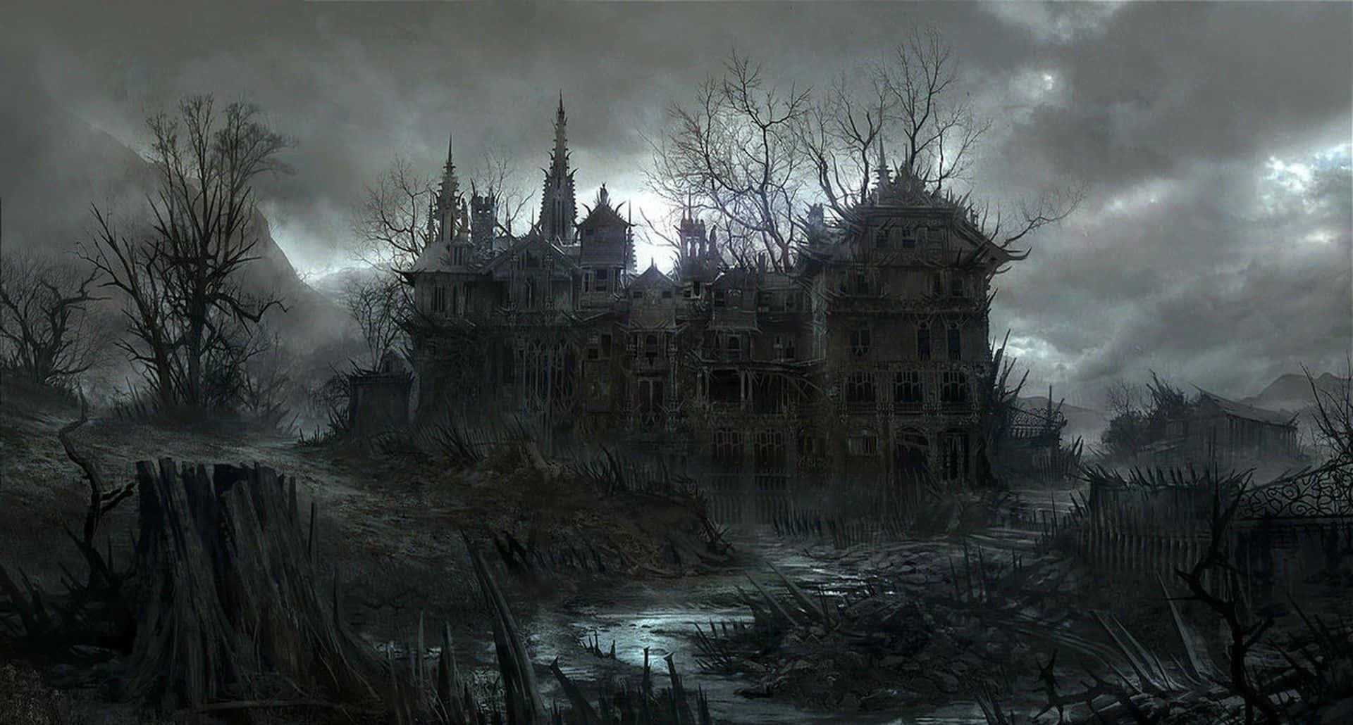 1920X1080 桌布 壁紙 — 一座破敗的哥德式大宅在暴風雨灰天下被遺棄，周圍環繞著枯樹和泥濘的地形。