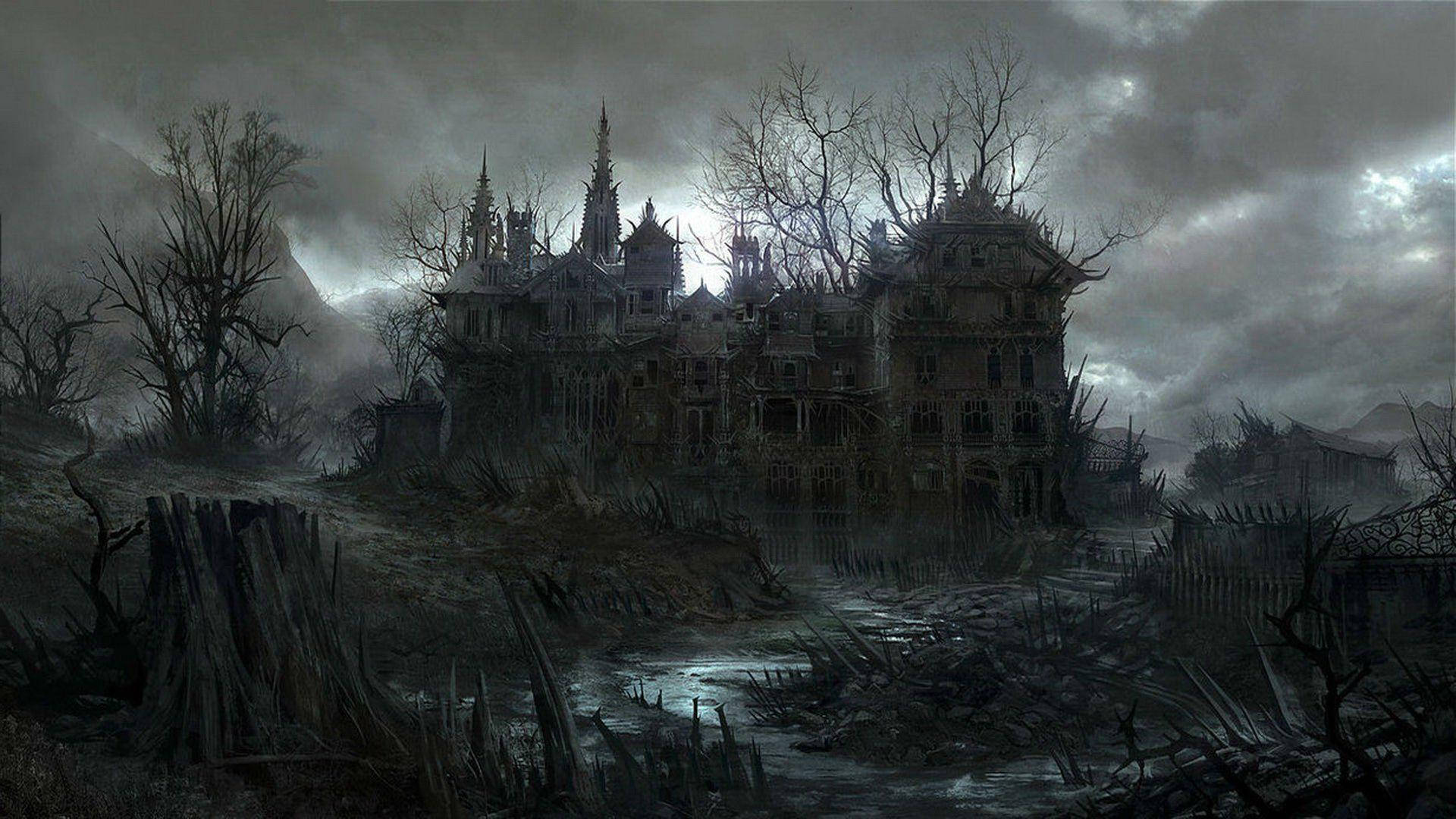 恐怖動圖 桌布 壁紙 — 一座破敗的哥德式大宅在暴風雨的灰色天空下被遺棄，周圍環繞著枯樹和雜草叢生的廢墟。
