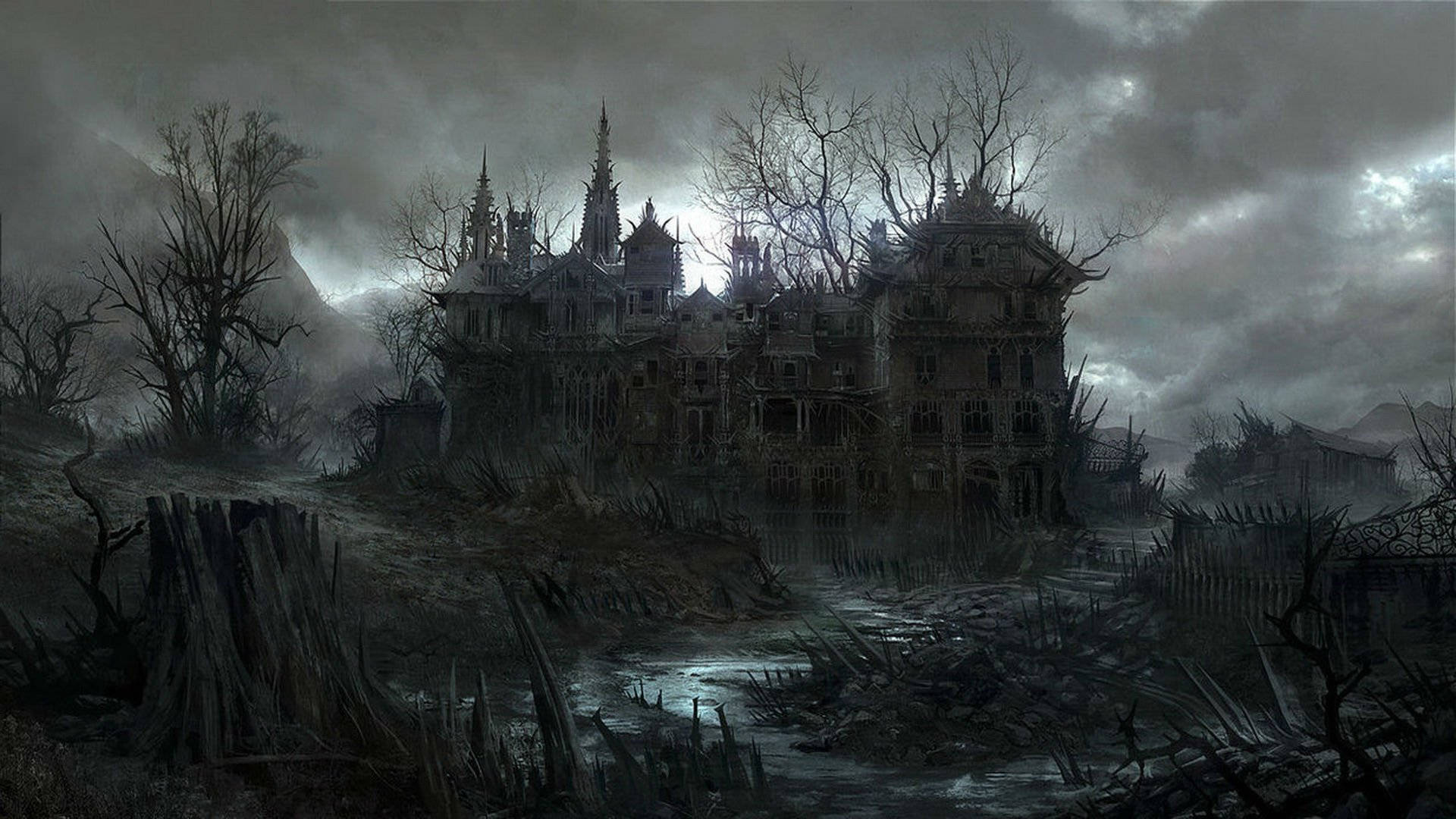 haunted 桌布 壁紙 — 一座破敗的哥德式大宅在暴風雨般的灰色天空下被遺棄，周圍環繞著骷髏般的樹木和雜草叢生的廢墟。