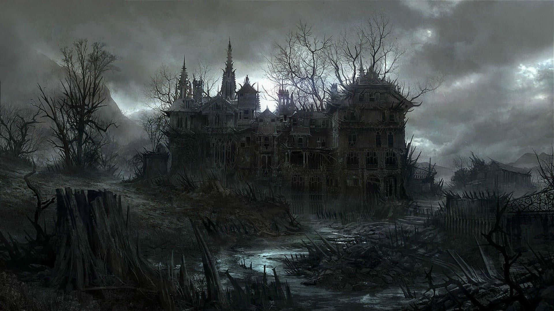 Haunted Mansion 桌布 壁紙 — 一座破敗的哥德式大宅在風暴般的灰色天空下被遺棄，周圍環繞著骷髏般的樹木和雜草叢生的廢墟。