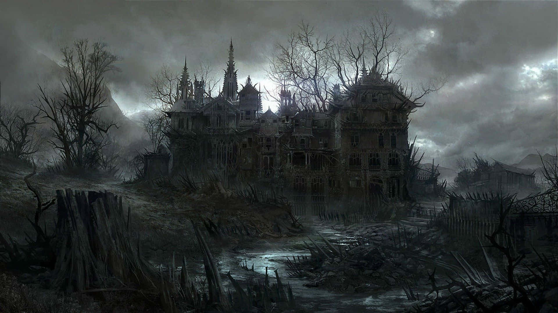Haunted Forests 桌布 壁紙 — 一座破敗的哥德式大宅被遺棄在暴風雨的灰色天空下，周圍環繞著枯樹和雜草叢生的廢墟。