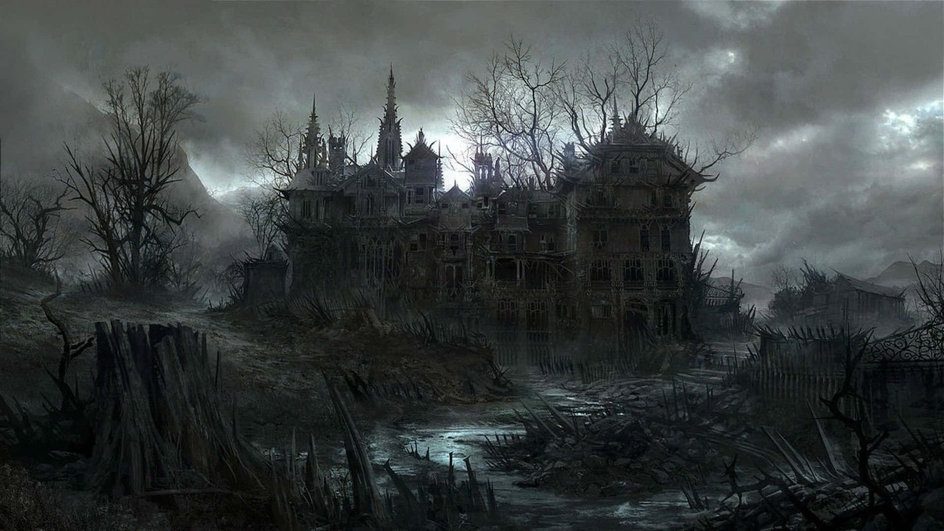 Spooky 桌布 壁紙 — 一座破敗的哥德式大宅被遺棄在暴風雨的灰色天空下，周圍是枯樹和雜草叢生的廢墟。