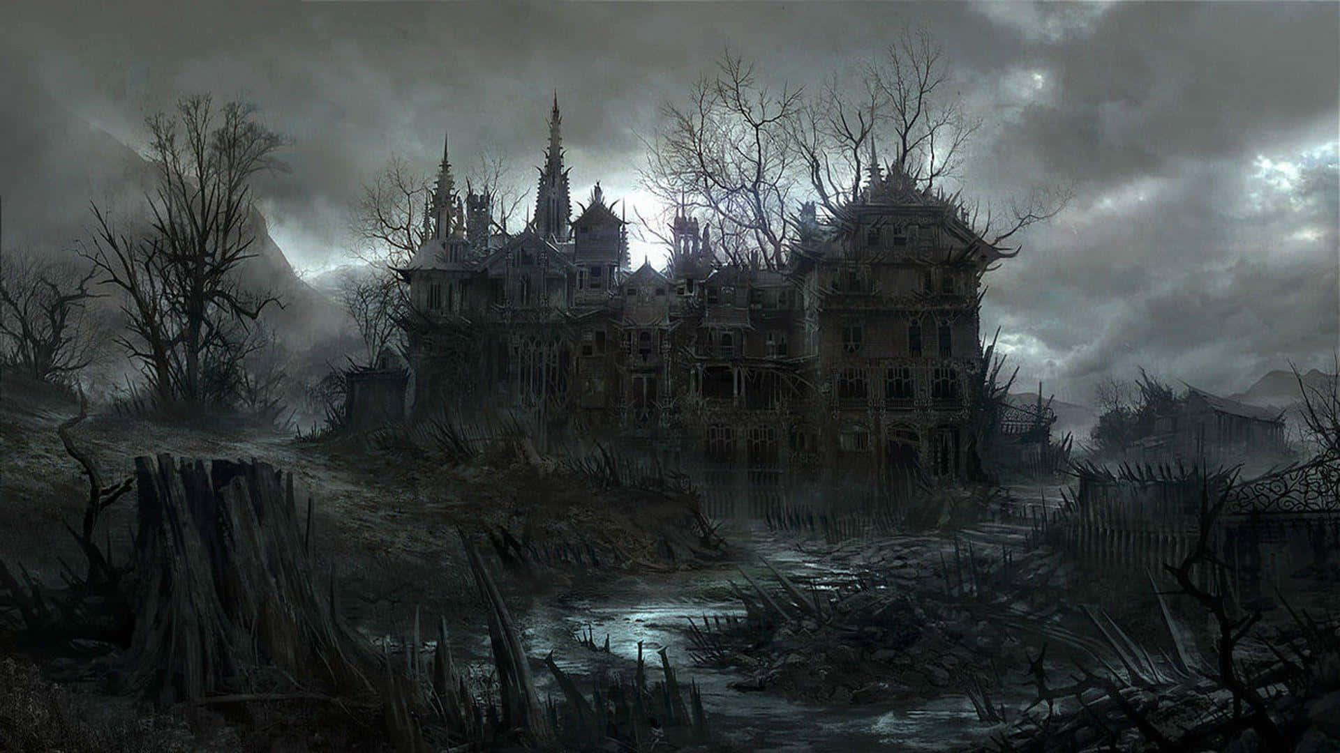 haunted 桌布 壁紙 — 一座破敗的哥德式大宅被遺棄在暴風雨的灰色天空下，周圍環繞著枯樹和雜草叢生的廢墟。