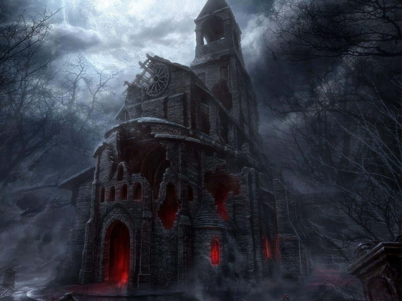 haunted 桌布 壁紙 — 一座破敗的哥德式教堂，帶有發光的紅色窗戶，矗立在迷霧森林中，天空風雨交加。