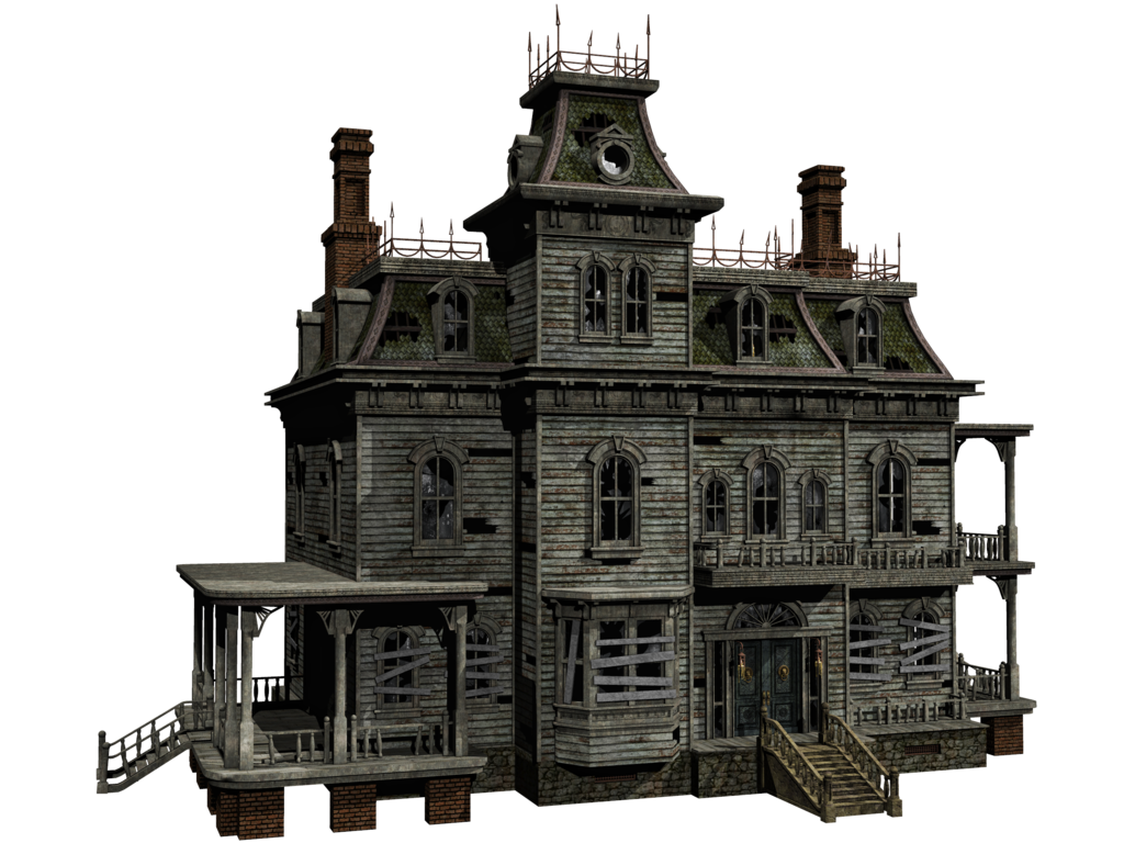 Haunted House Halloween 桌布 壁紙 — 一座破敗的維多利亞式大宅，帶有風化的木牆板、破窗和木板封閉的入口，孤立地矗立在黑色背景前。