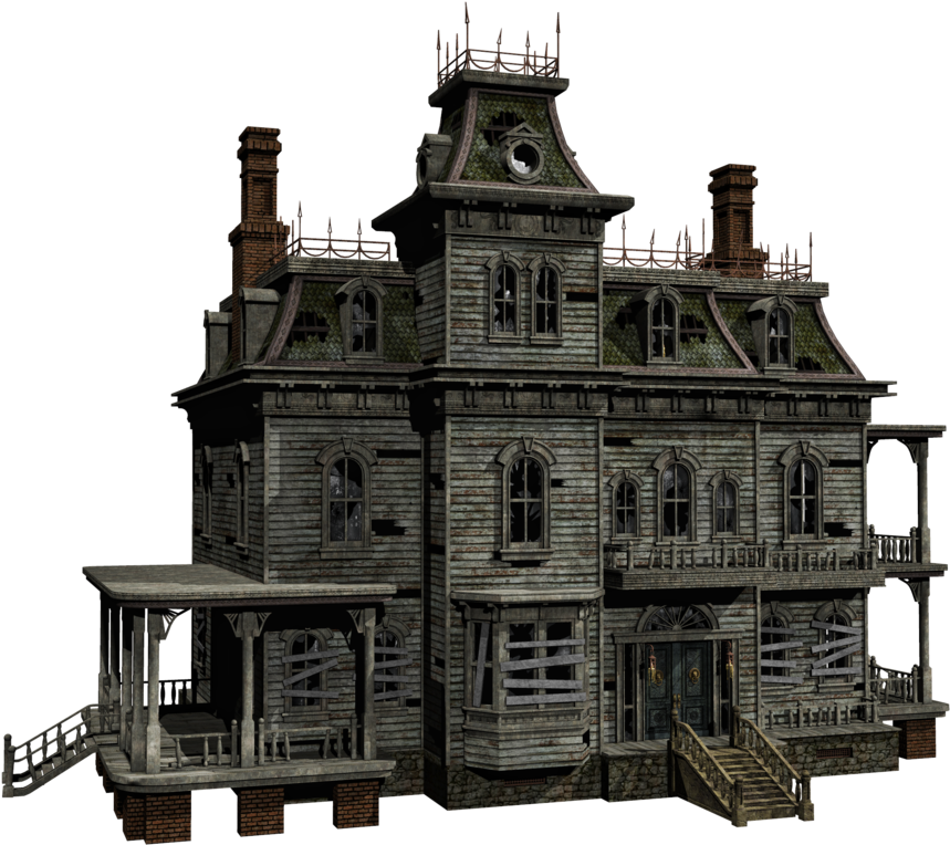 Haunted House Halloween 桌布 壁紙 — 一座破敗的維多利亞式大宅，窗戶破損，木材風化，孤立地矗立在黑色背景前。